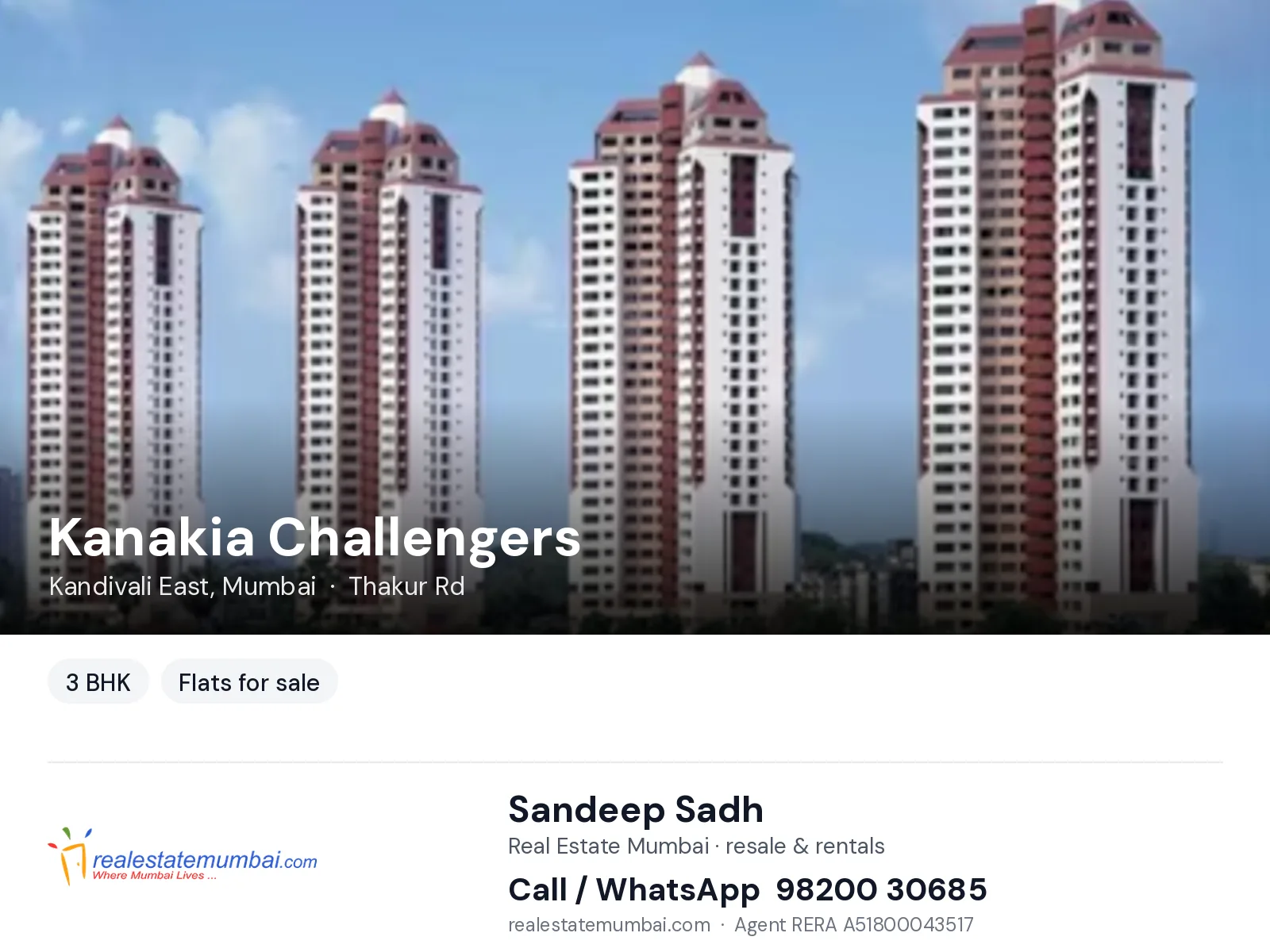 Kanakia Challengers, Kandivali East, Mumbai — 3 BHK flats for sale | Real Estate Mumbai, Sandeep Sadh 98200 30685