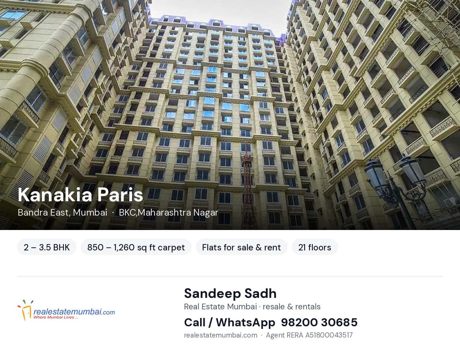 Kanakia Paris, Bandra East, Mumbai — 2 – 3.5 BHK flats for sale & rent | Real Estate Mumbai, Sandeep Sadh 98200 30685