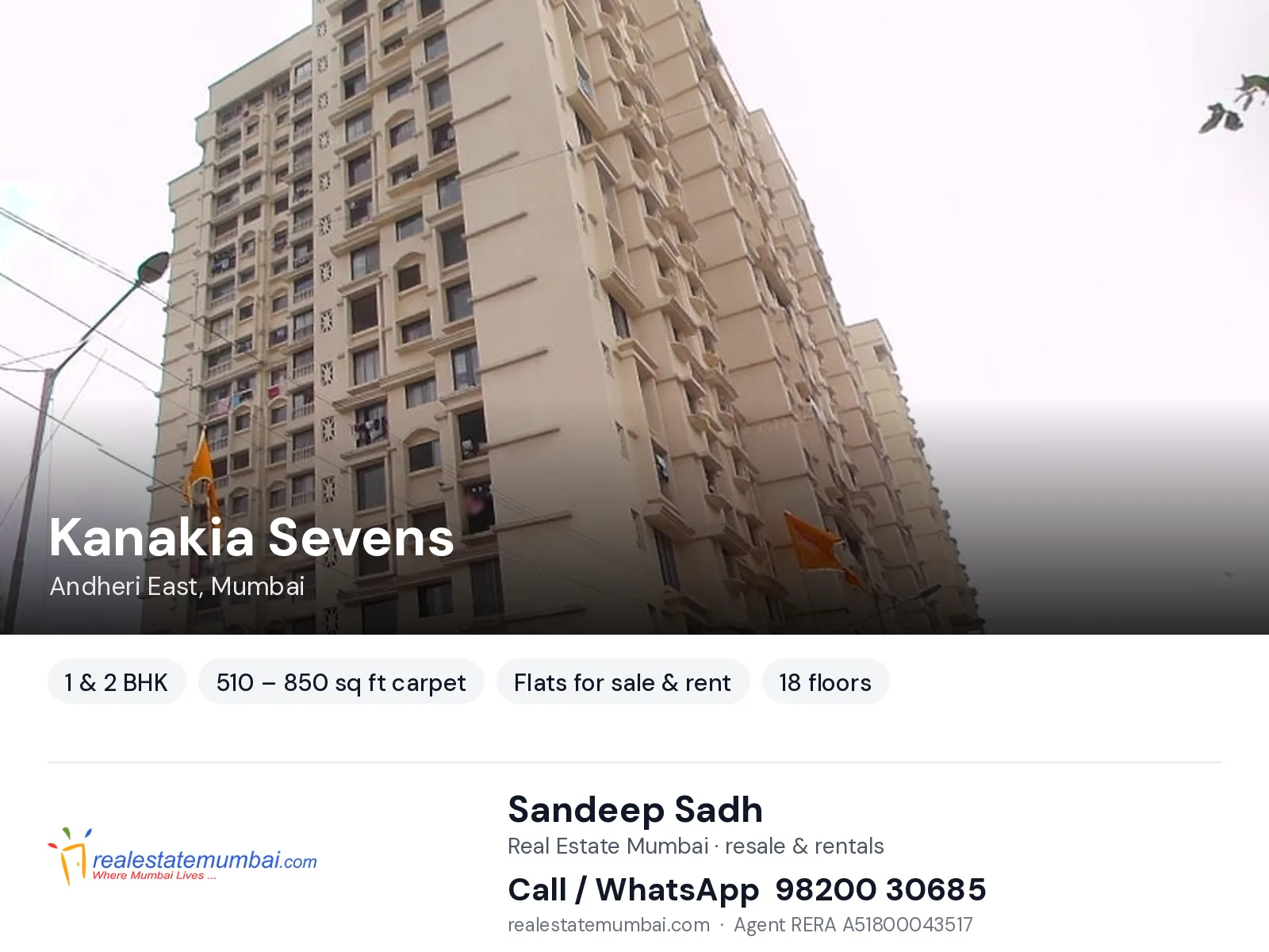 Kanakia Sevens, Andheri East, Mumbai — 1 & 2 BHK flats for sale & rent | Real Estate Mumbai, Sandeep Sadh 98200 30685