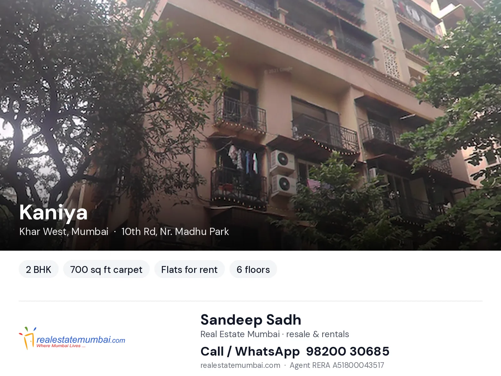 Kaniya, Khar West, Mumbai — 2 BHK flats for rent | Real Estate Mumbai, Sandeep Sadh 98200 30685