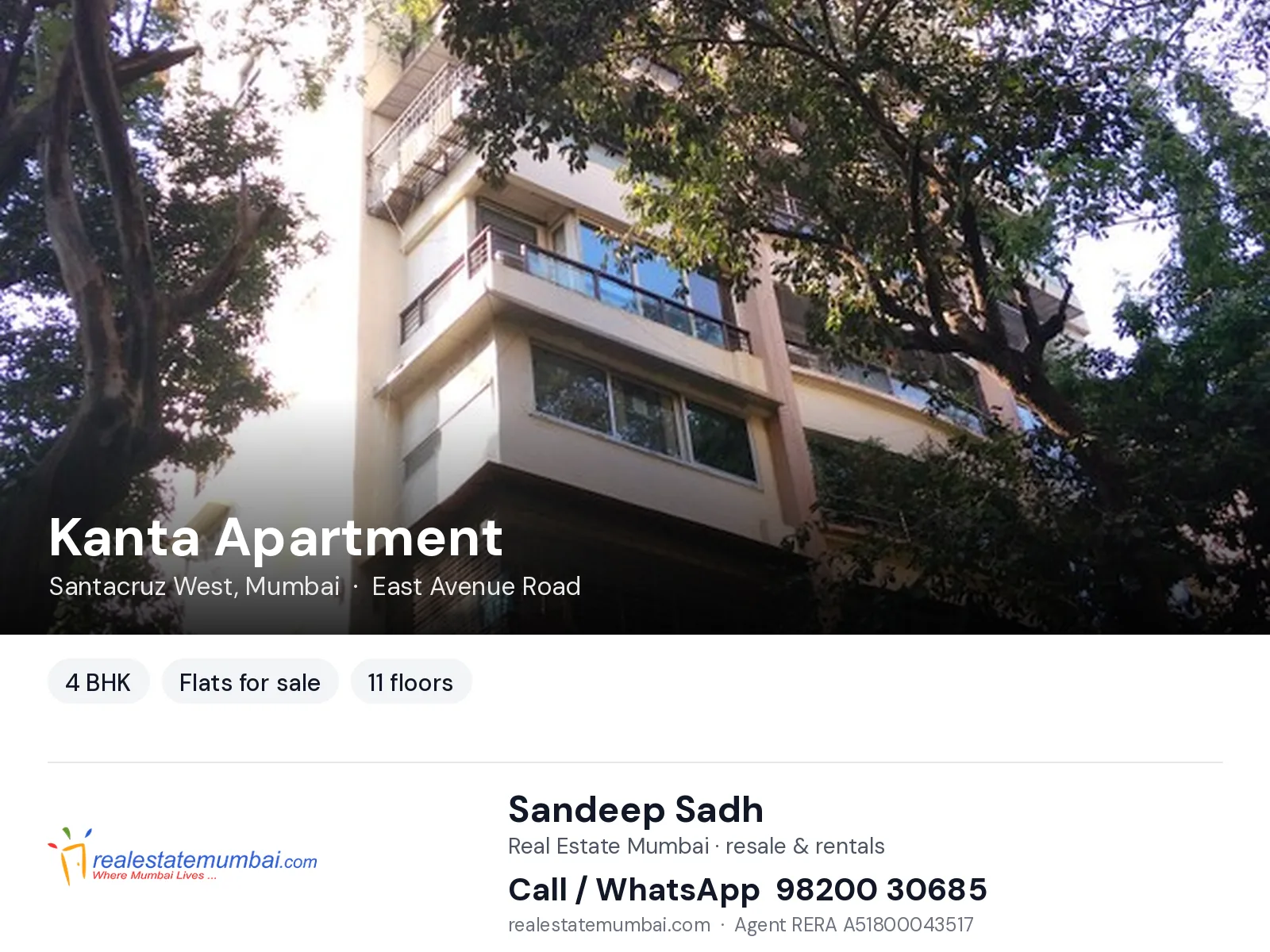 Kanta Apartment, Santacruz West, Mumbai — 4 BHK flats for sale | Real Estate Mumbai, Sandeep Sadh 98200 30685