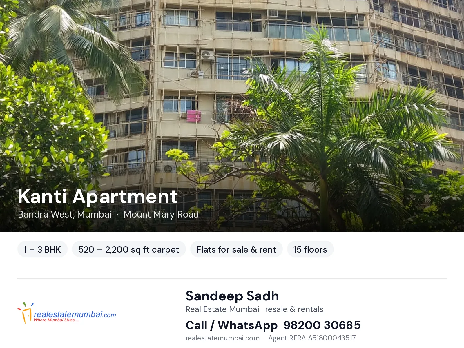 Kanti Apartment, Bandra West, Mumbai — 1 – 3 BHK flats for sale & rent | Real Estate Mumbai, Sandeep Sadh 98200 30685