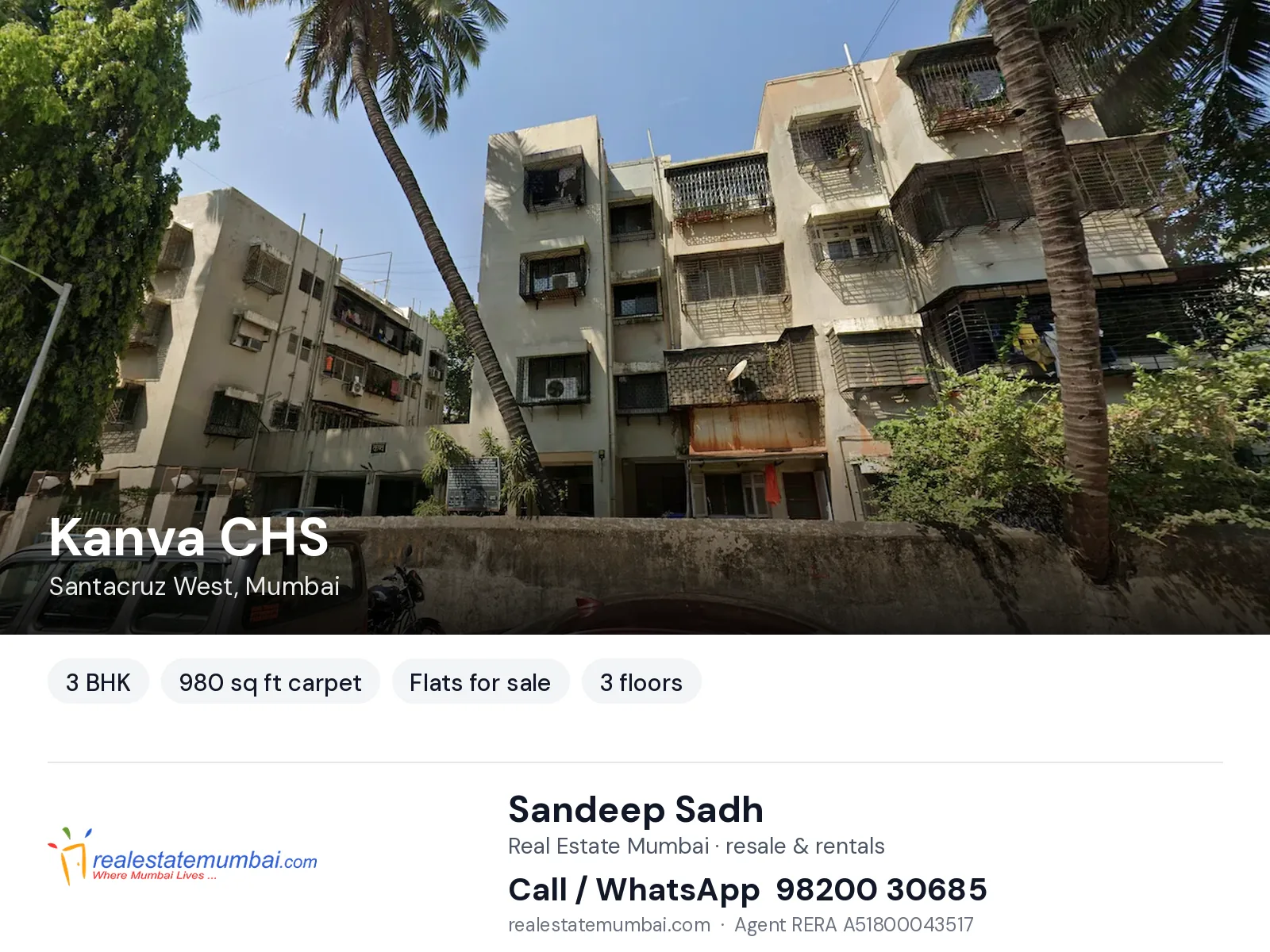 Kanva CHS, Santacruz West, Mumbai — 3 BHK flats for sale | Real Estate Mumbai, Sandeep Sadh 98200 30685