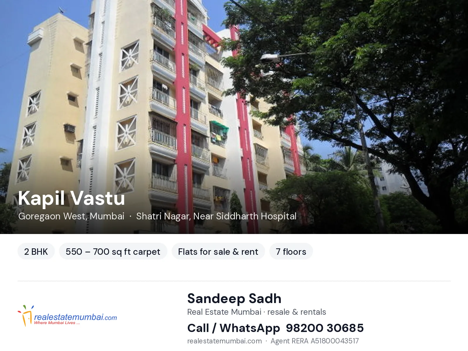 Kapil Vastu, Goregaon West, Mumbai — 2 BHK flats for sale & rent | Real Estate Mumbai, Sandeep Sadh 98200 30685