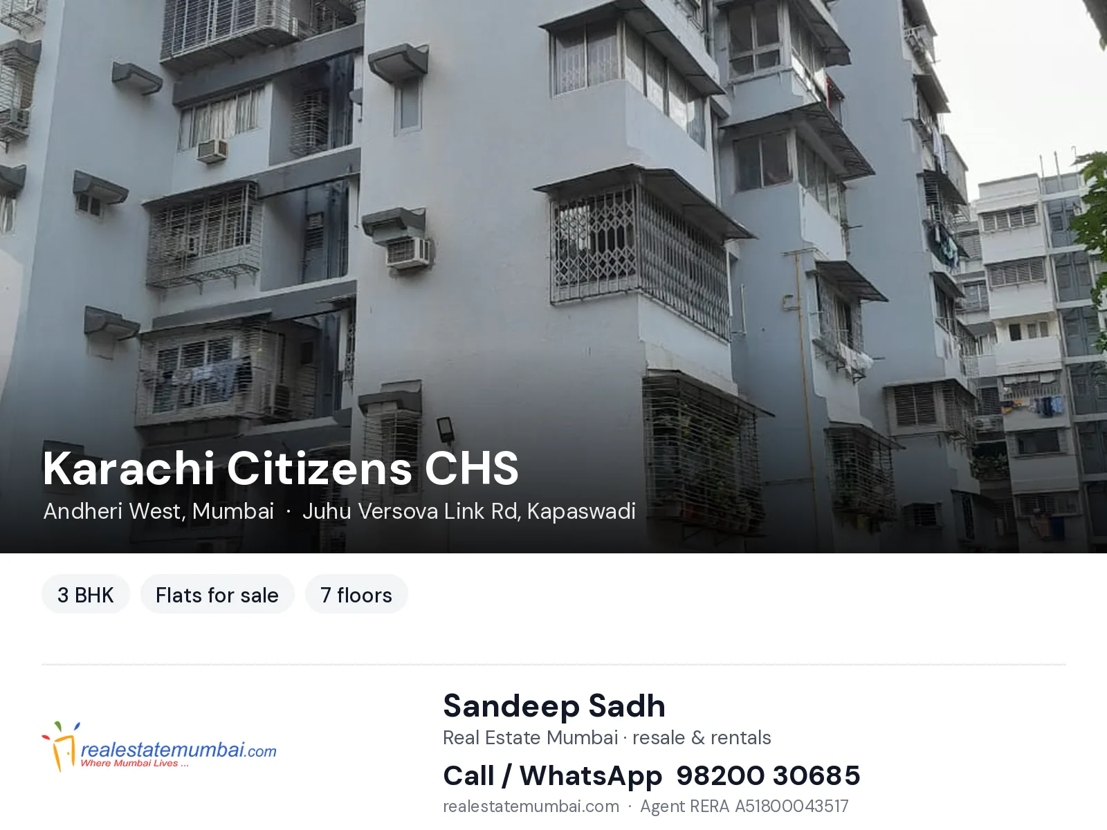 Karachi Citizens CHS, Andheri West, Mumbai — 3 BHK flats for sale | Real Estate Mumbai, Sandeep Sadh 98200 30685