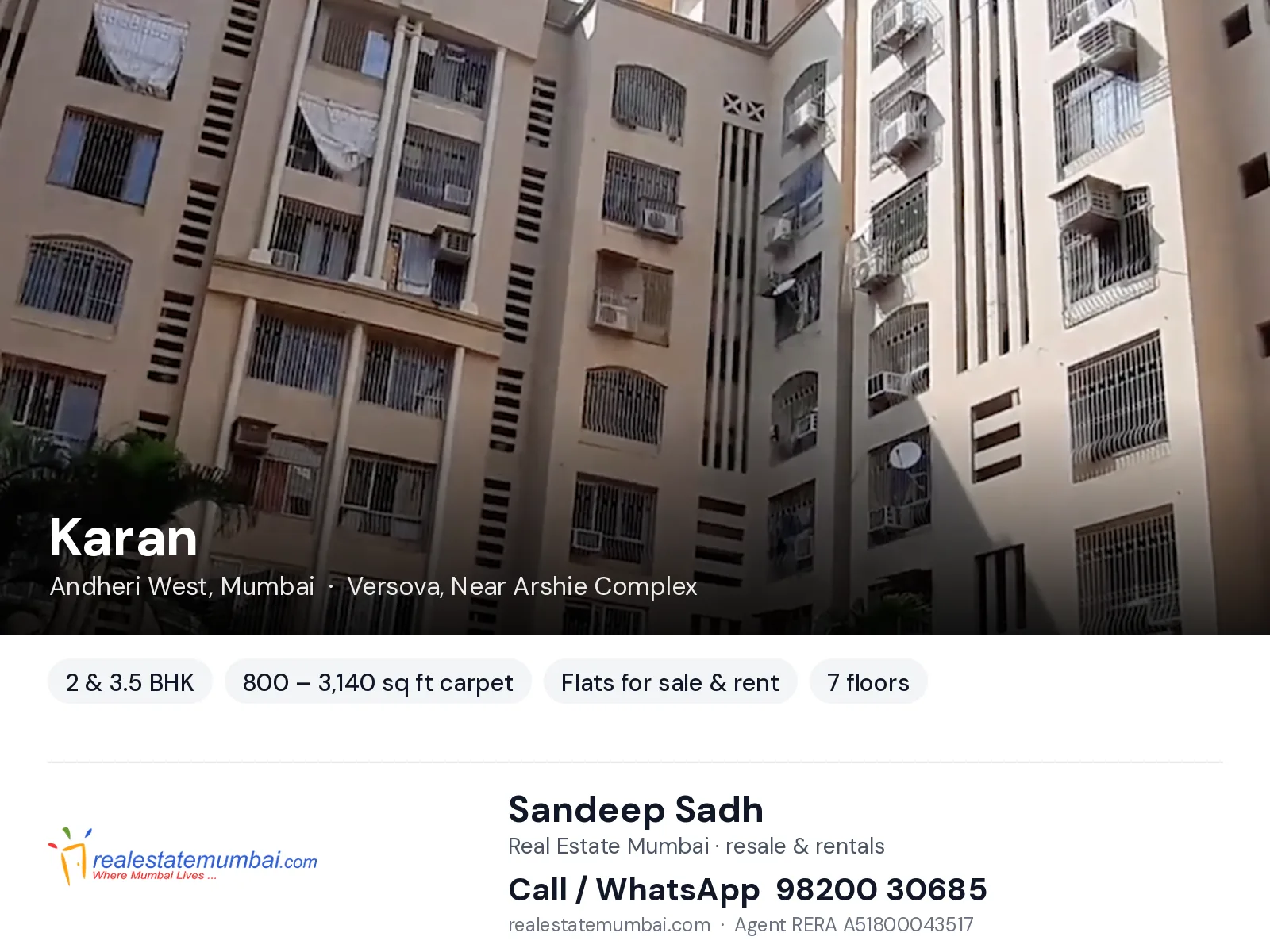 Karan, Andheri West, Mumbai — 2 & 3.5 BHK flats for sale & rent | Real Estate Mumbai, Sandeep Sadh 98200 30685
