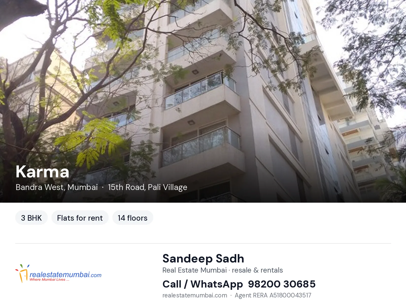Karma, Bandra West, Mumbai — 3 BHK flats for rent | Real Estate Mumbai, Sandeep Sadh 98200 30685