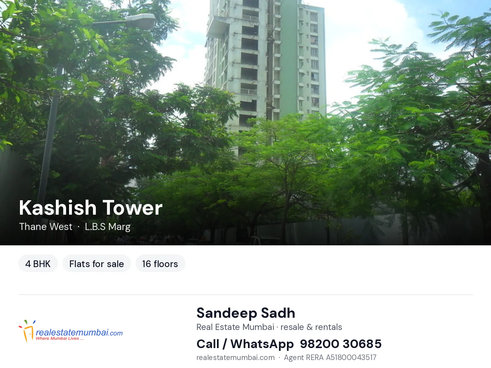 Kashish Tower, Thane West — 4 BHK flats for sale | Real Estate Mumbai, Sandeep Sadh 98200 30685
