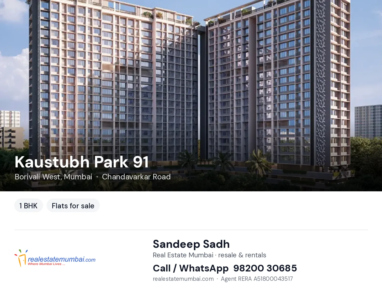 Kaustubh Park 91, Borivali West, Mumbai — 1 BHK flats for sale | Real Estate Mumbai, Sandeep Sadh 98200 30685