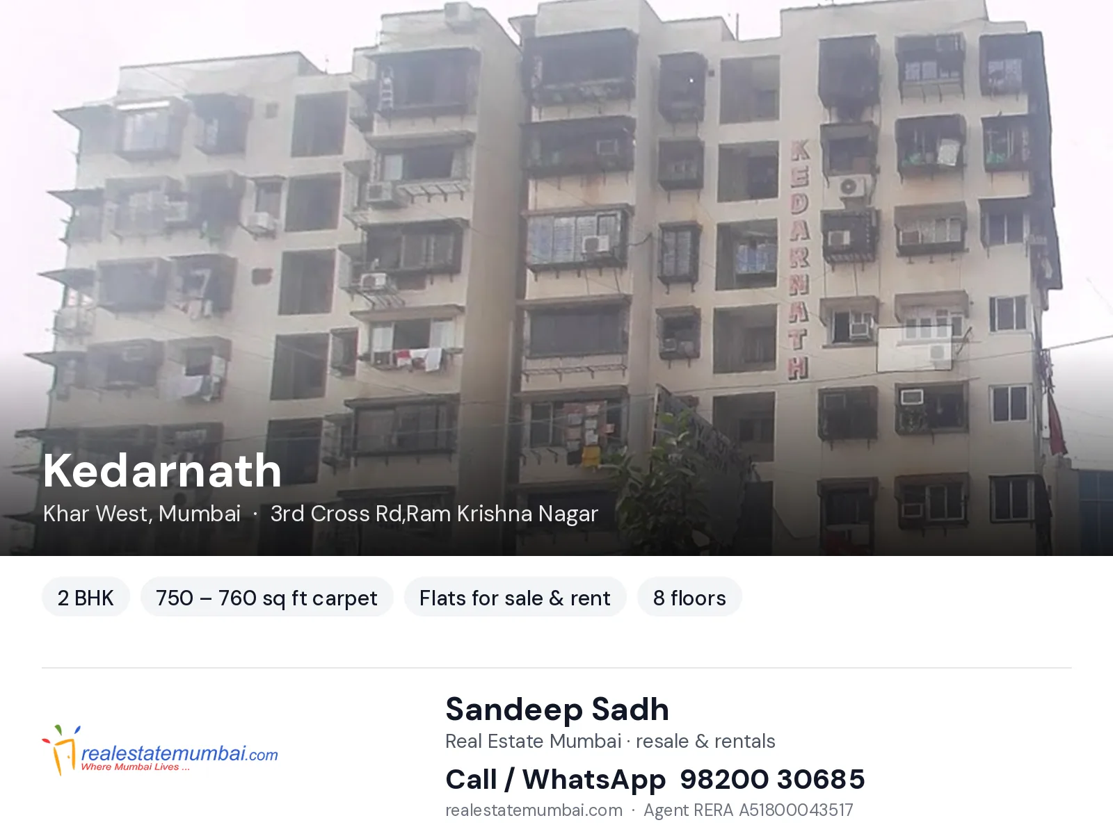Kedarnath, Khar West, Mumbai — 2 BHK flats for sale & rent | Real Estate Mumbai, Sandeep Sadh 98200 30685