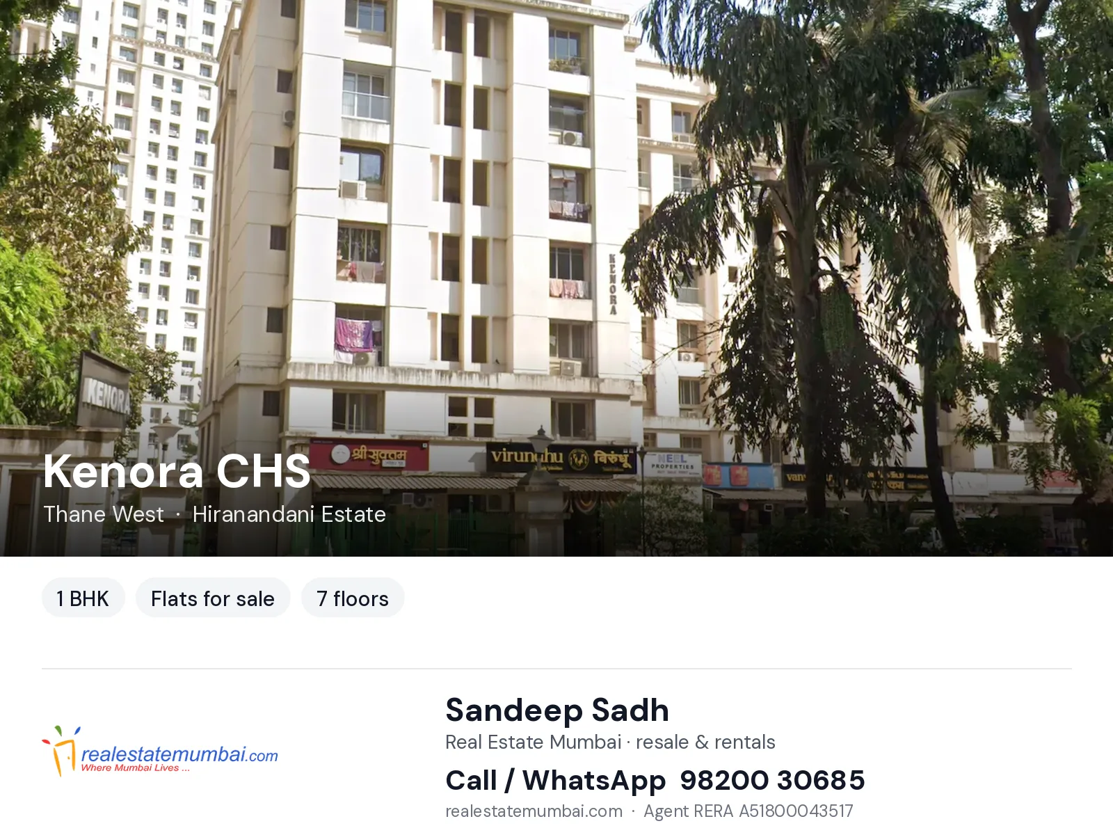 Kenora CHS, Thane West — 1 BHK flats for sale | Real Estate Mumbai, Sandeep Sadh 98200 30685