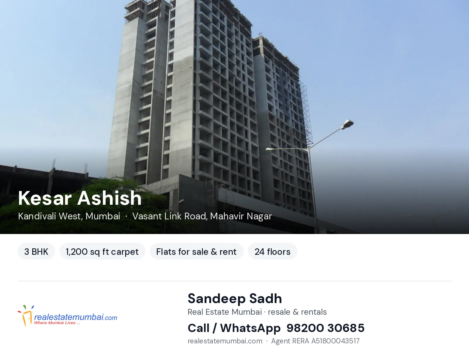 Kesar Ashish, Kandivali West, Mumbai — 3 BHK flats for sale & rent | Real Estate Mumbai, Sandeep Sadh 98200 30685