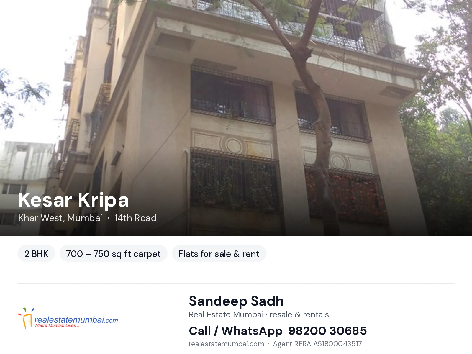 Kesar Kripa, Khar West, Mumbai — 2 BHK flats for sale & rent | Real Estate Mumbai, Sandeep Sadh 98200 30685