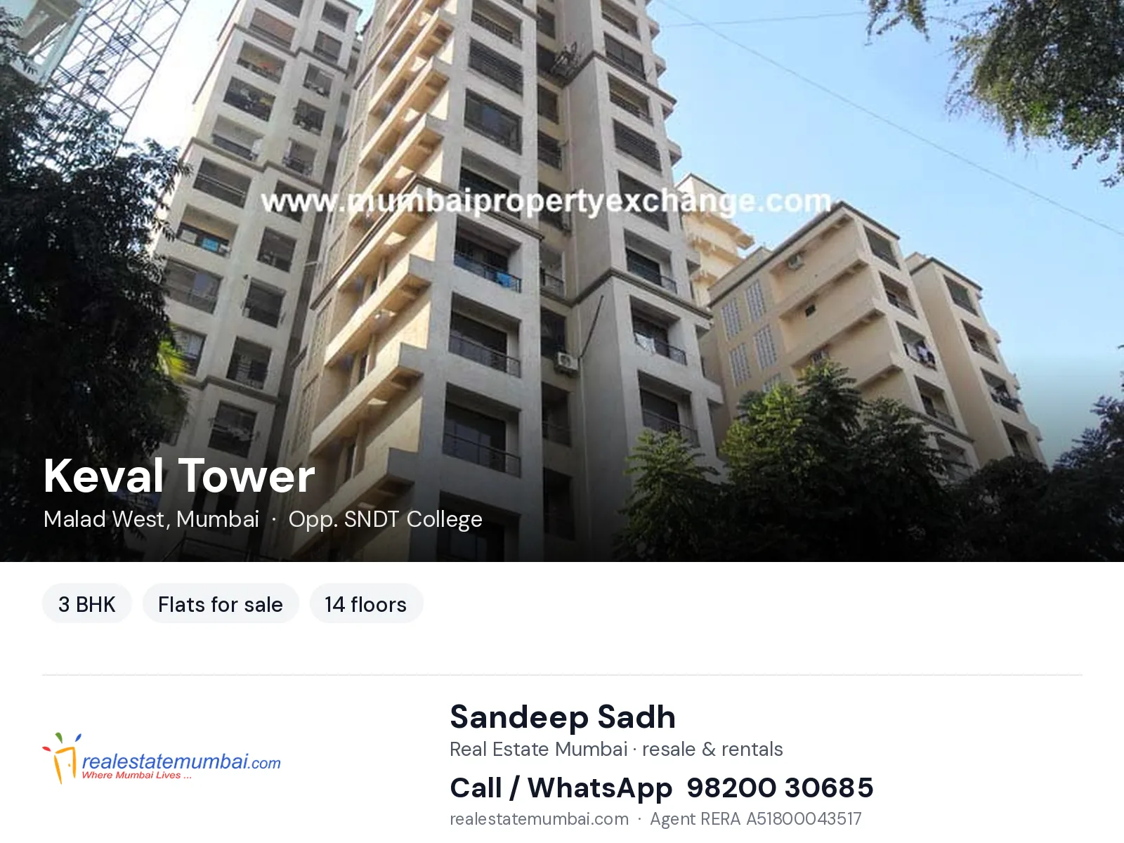 Keval Tower, Malad West, Mumbai — 3 BHK flats for sale | Real Estate Mumbai, Sandeep Sadh 98200 30685