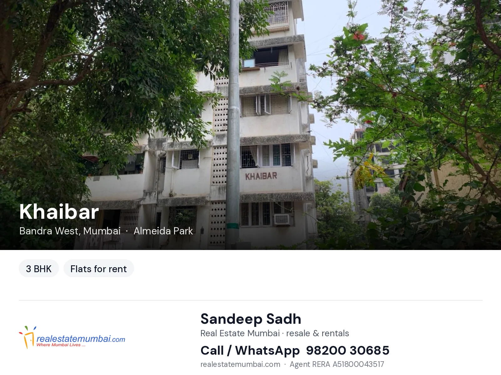 Khaibar, Bandra West, Mumbai — 3 BHK flats for rent | Real Estate Mumbai, Sandeep Sadh 98200 30685