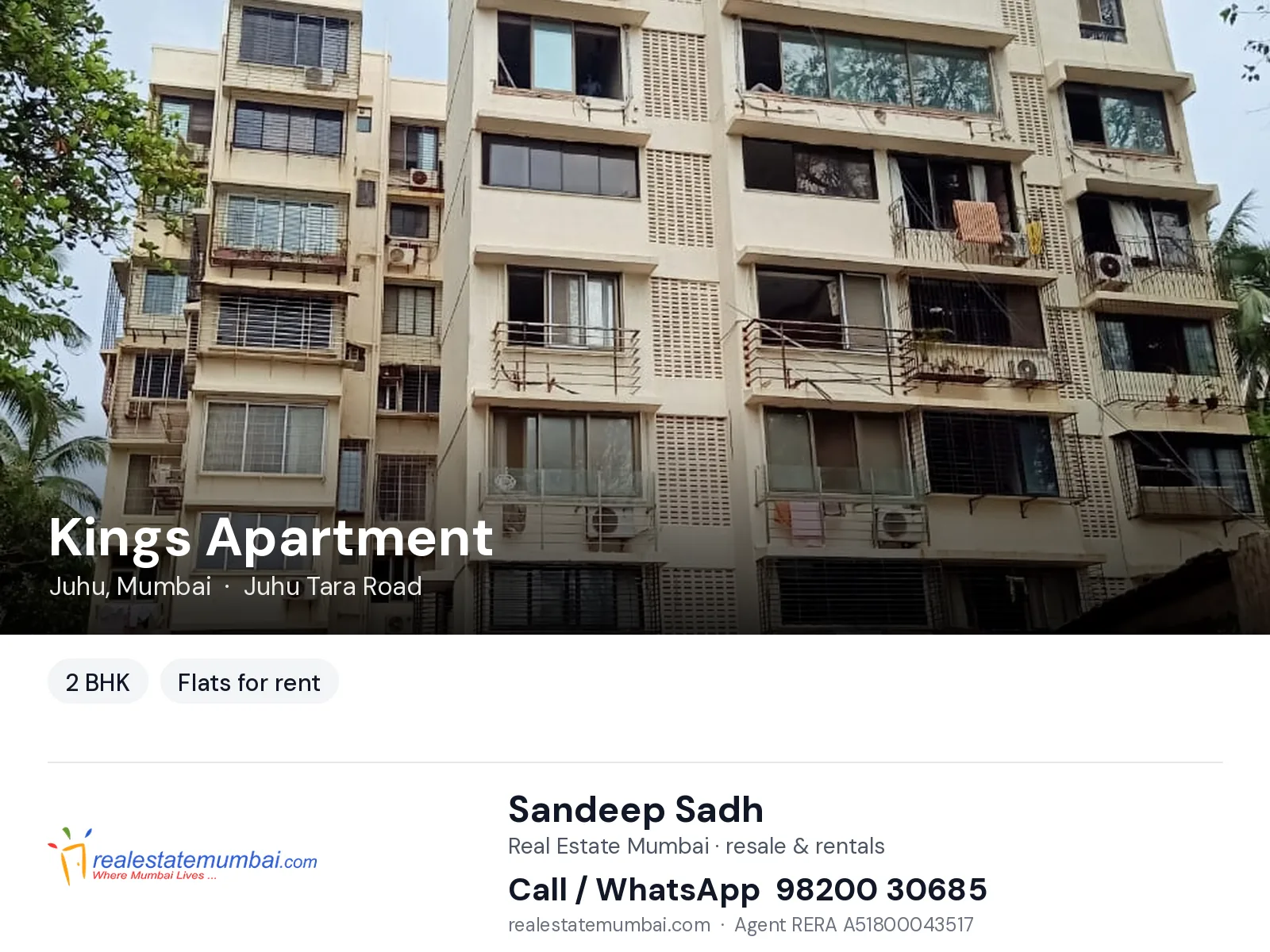 Kings Apartment, Juhu, Mumbai — 2 BHK flats for rent | Real Estate Mumbai, Sandeep Sadh 98200 30685
