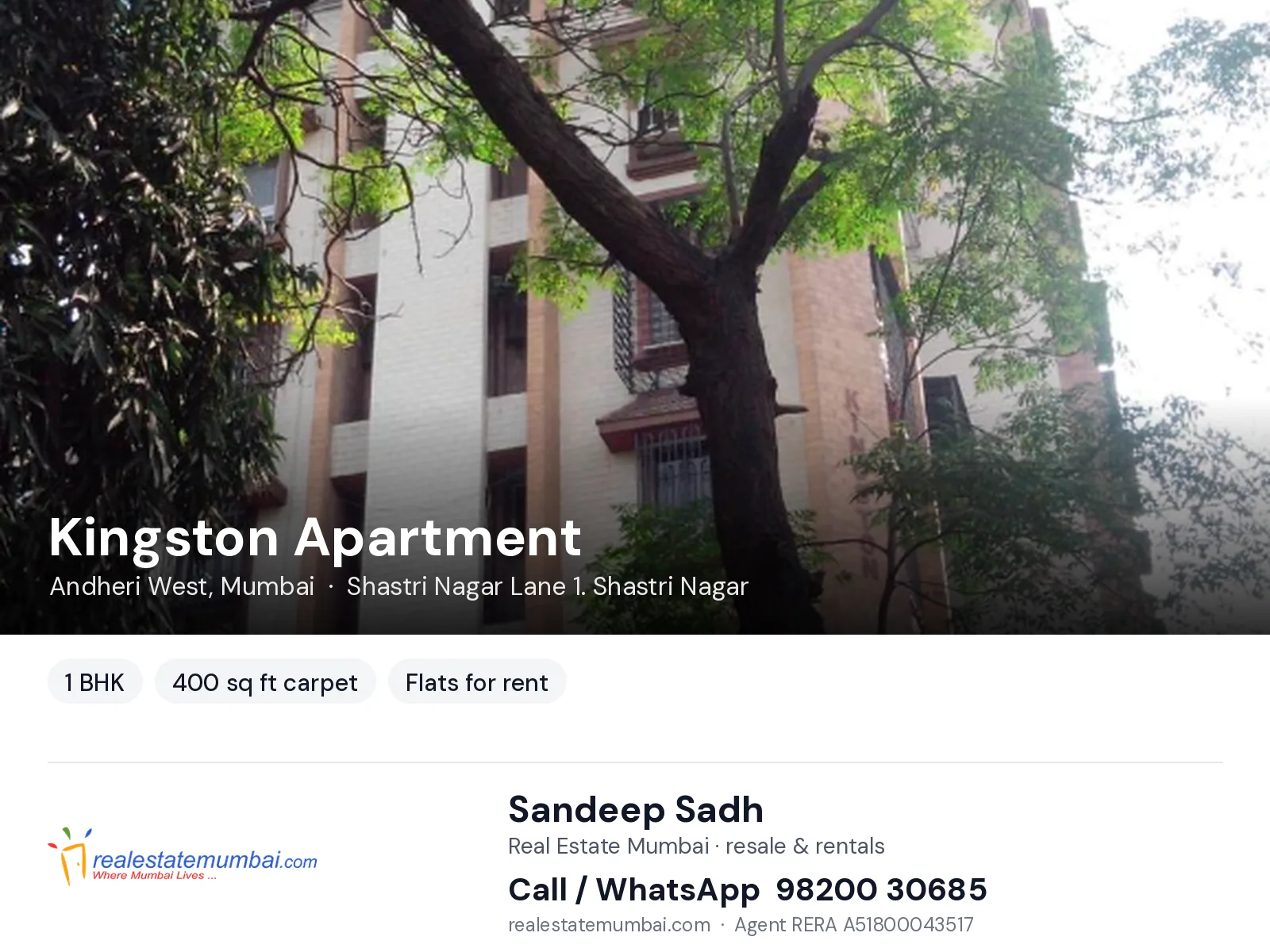 Kingston Apartment, Andheri West, Mumbai — 1 BHK flats for rent | Real Estate Mumbai, Sandeep Sadh 98200 30685