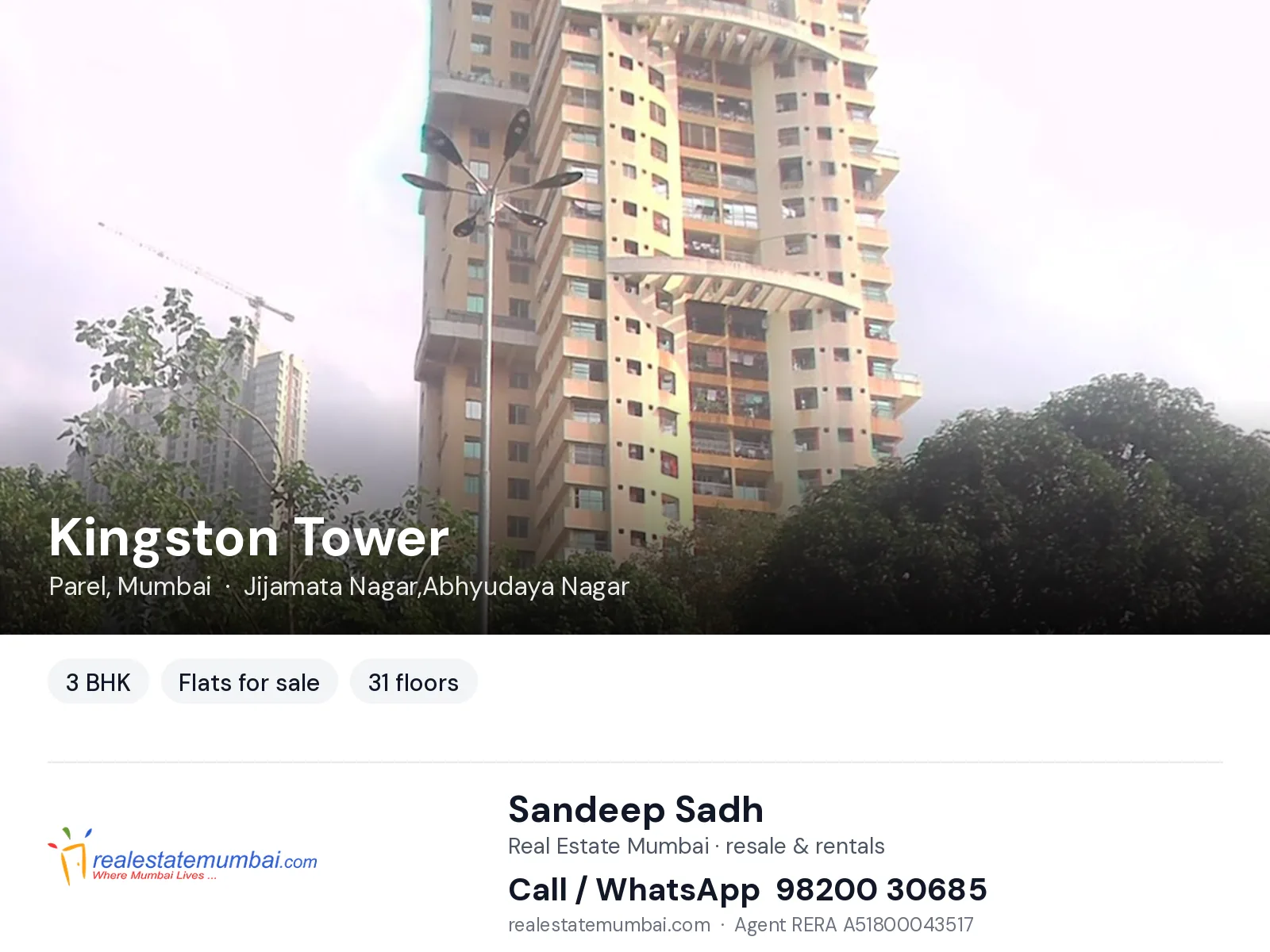 Kingston Tower, Parel, Mumbai — 3 BHK flats for sale | Real Estate Mumbai, Sandeep Sadh 98200 30685