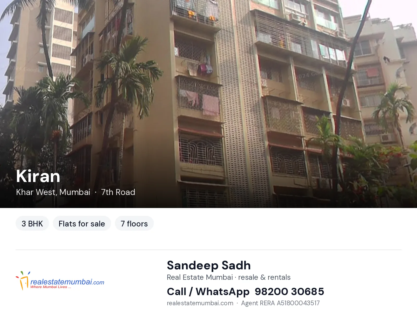 Kiran, Khar West, Mumbai — 3 BHK flats for sale | Real Estate Mumbai, Sandeep Sadh 98200 30685
