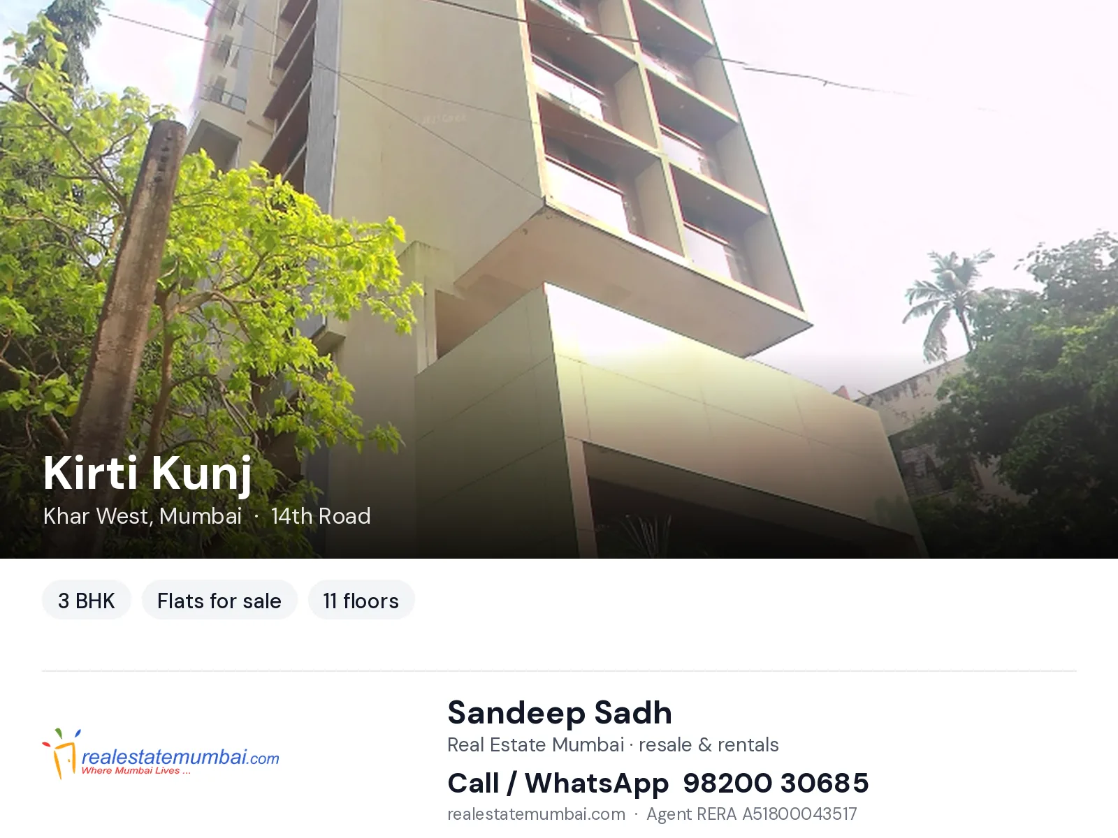 Kirti Kunj, Khar West, Mumbai — 3 BHK flats for sale | Real Estate Mumbai, Sandeep Sadh 98200 30685