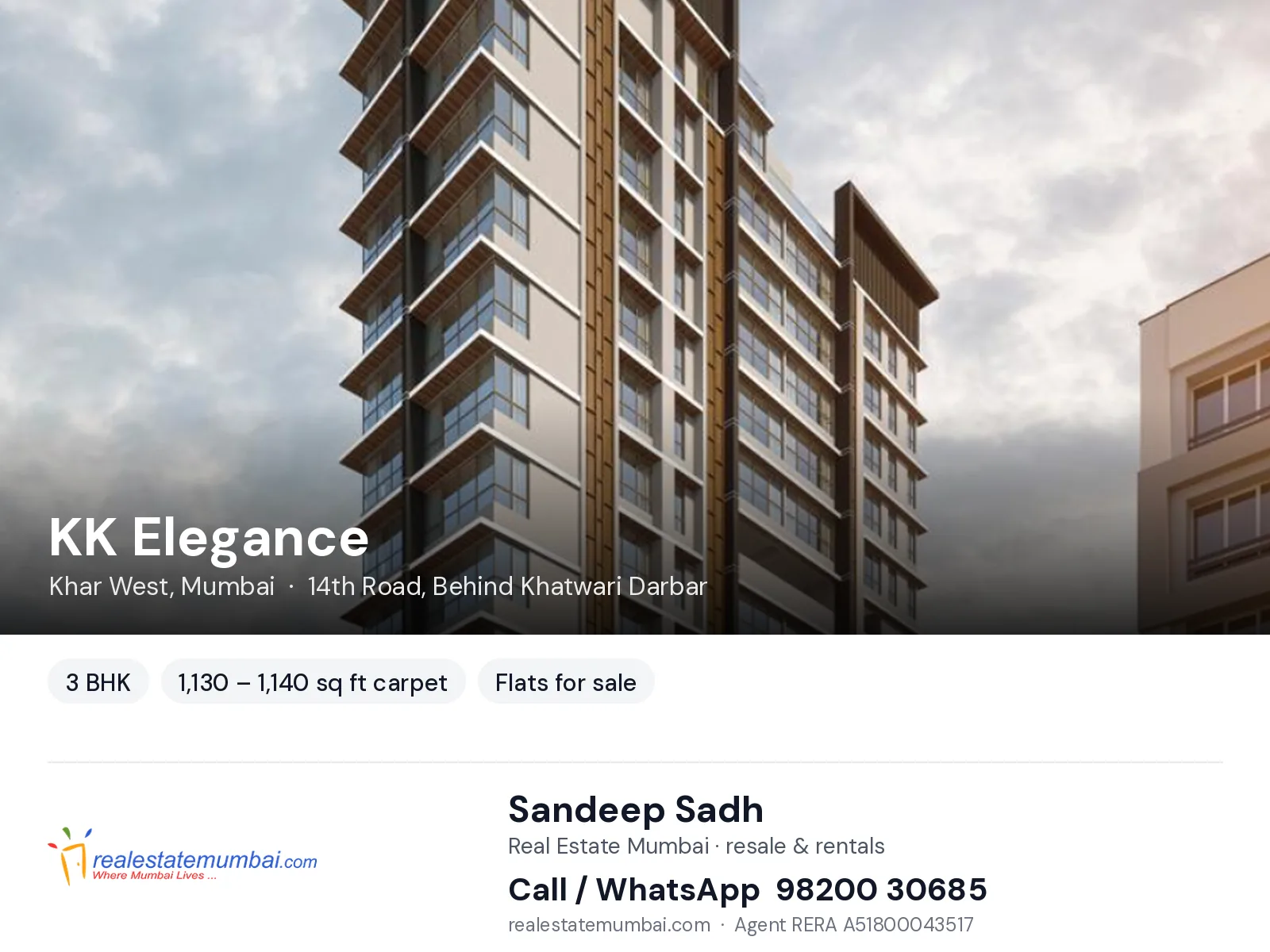 KK Elegance, Khar West, Mumbai — 3 BHK flats for sale | Real Estate Mumbai, Sandeep Sadh 98200 30685