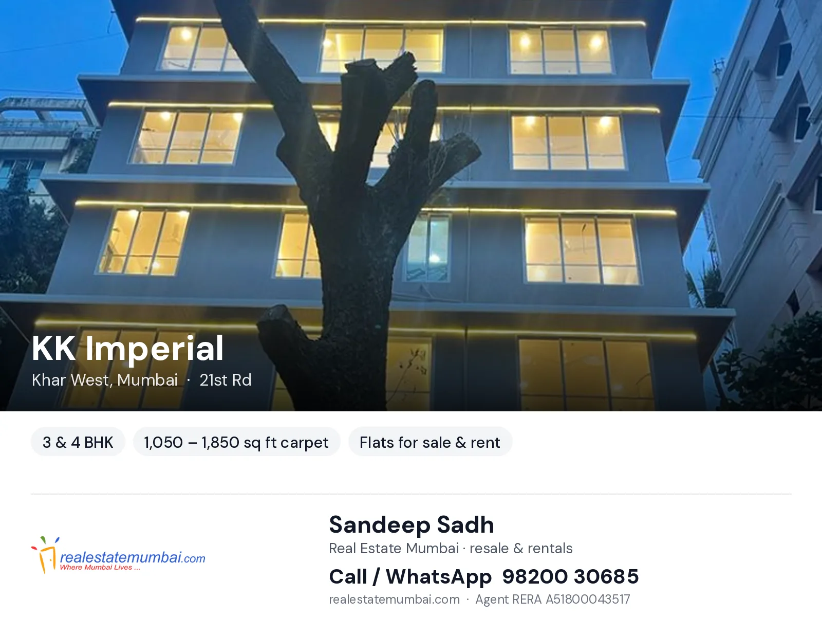 KK Imperial, Khar West, Mumbai — 3 & 4 BHK flats for sale & rent | Real Estate Mumbai, Sandeep Sadh 98200 30685