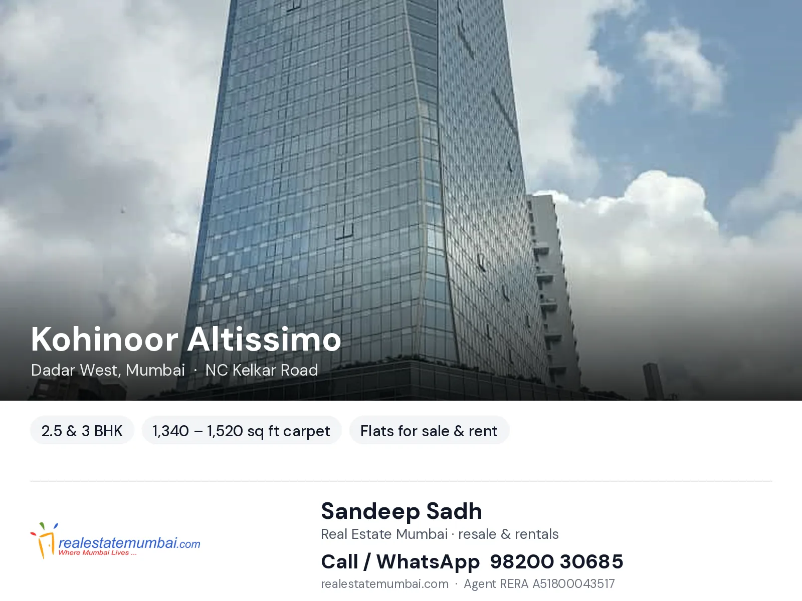 Kohinoor Altissimo, Dadar West, Mumbai — 2.5 & 3 BHK flats for sale & rent | Real Estate Mumbai, Sandeep Sadh 98200 30685
