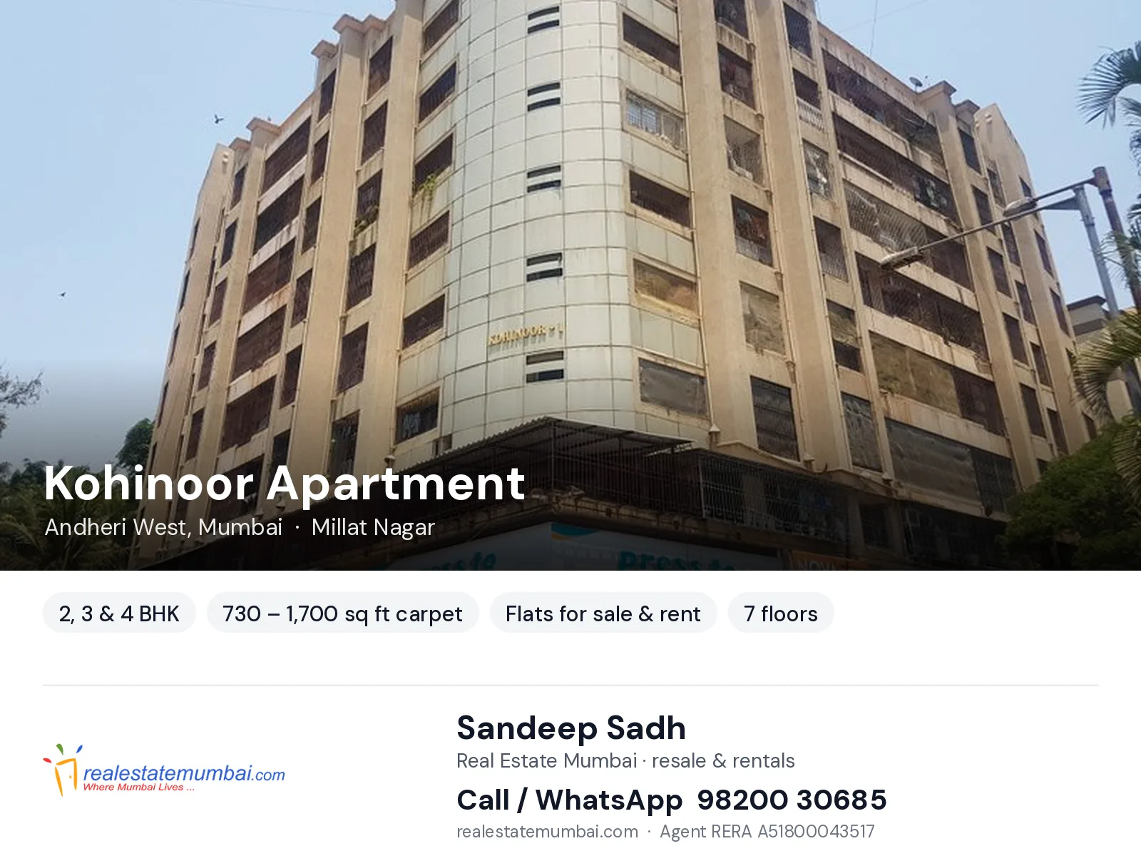Kohinoor Apartment, Andheri West, Mumbai — 2, 3 & 4 BHK flats for sale & rent | Real Estate Mumbai, Sandeep Sadh 98200 30685