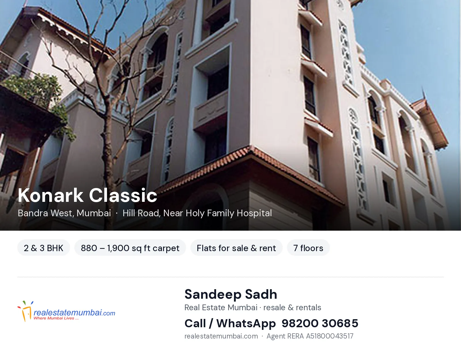 Konark Classic, Bandra West, Mumbai — 2 & 3 BHK flats for sale & rent | Real Estate Mumbai, Sandeep Sadh 98200 30685