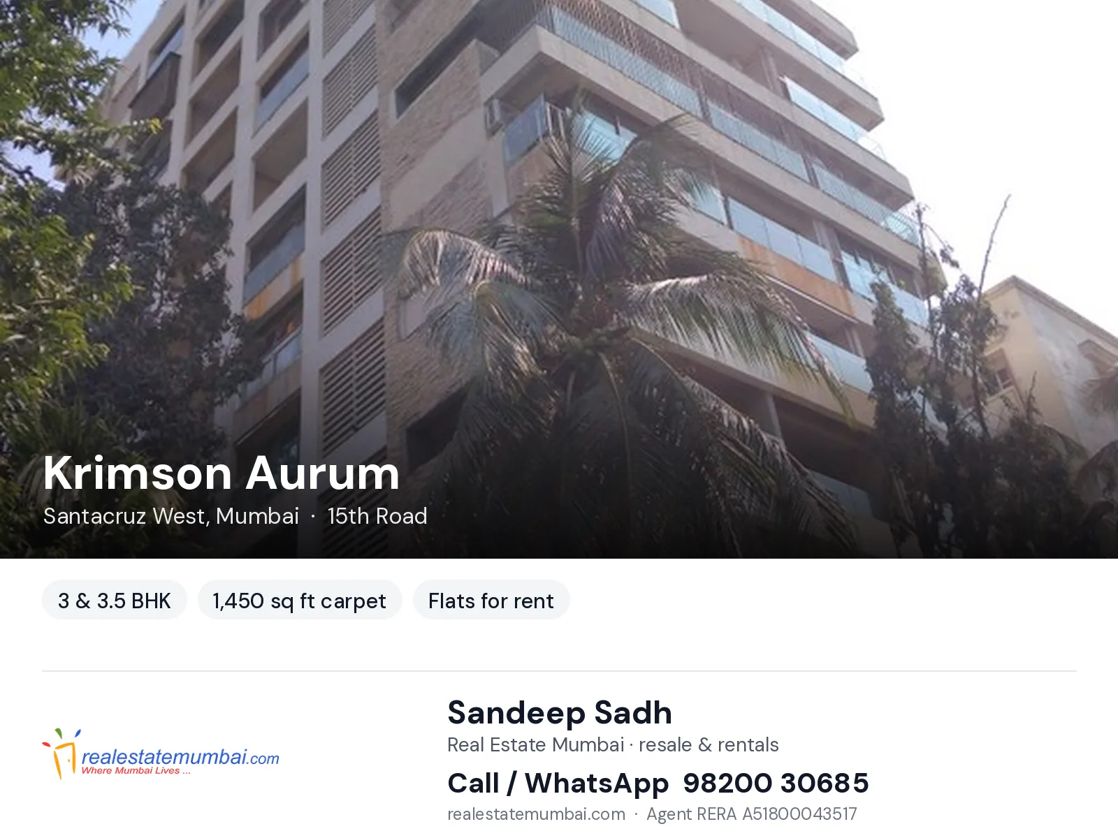 Krimson Aurum, Santacruz West, Mumbai — 3 & 3.5 BHK flats for rent | Real Estate Mumbai, Sandeep Sadh 98200 30685
