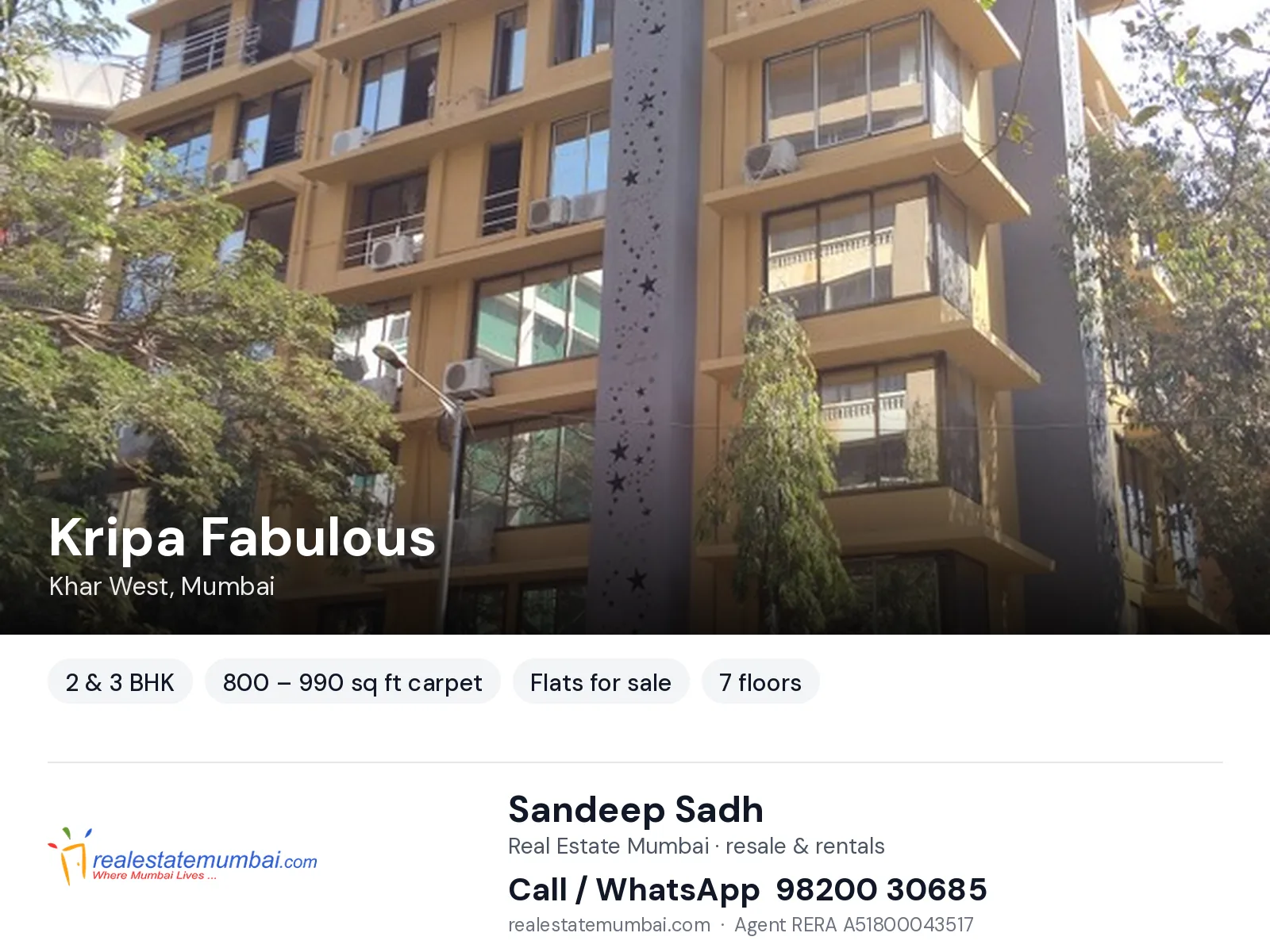 Kripa Fabulous, Khar West, Mumbai — 2 & 3 BHK flats for sale | Real Estate Mumbai, Sandeep Sadh 98200 30685