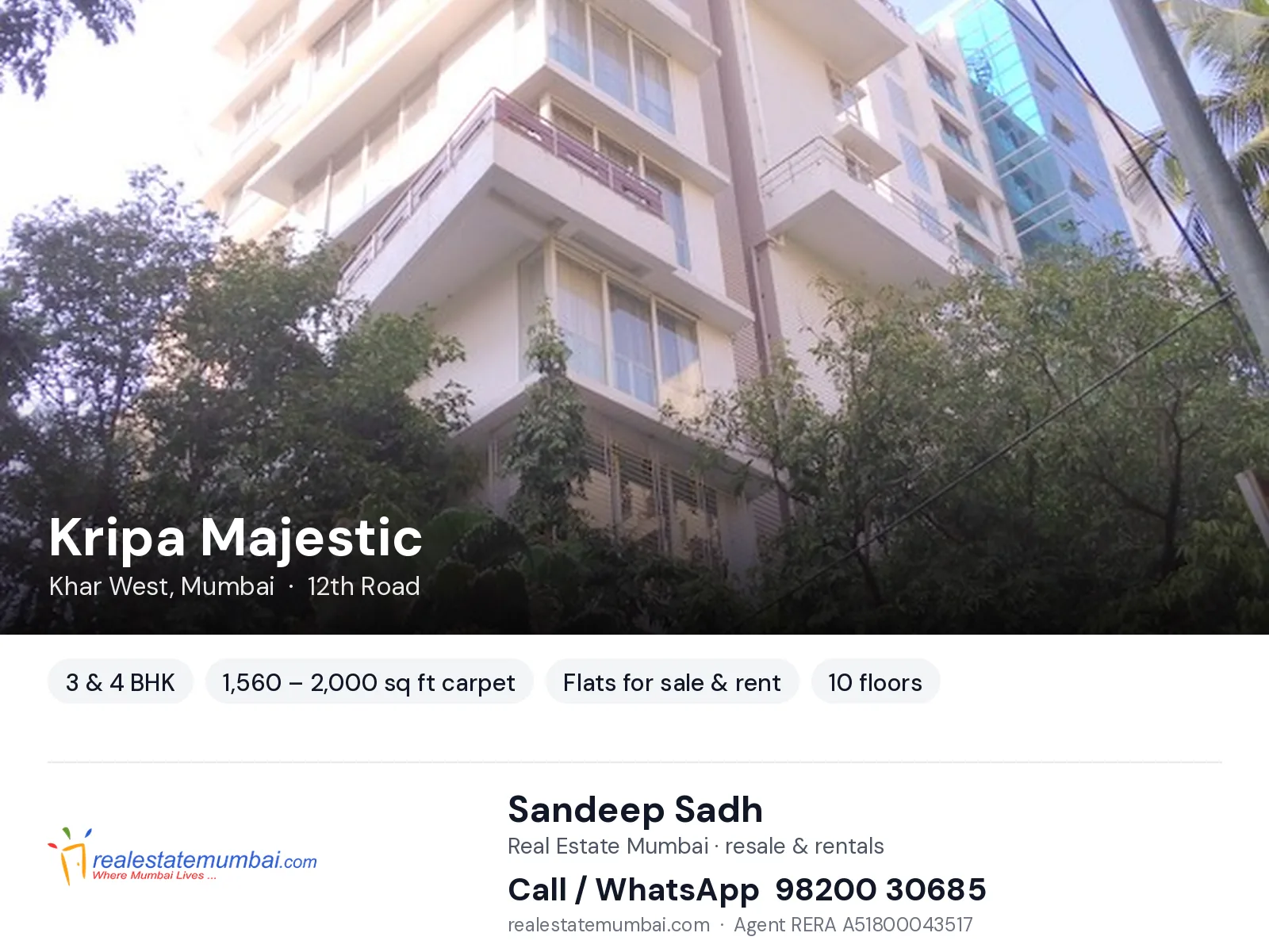 Kripa Majestic, Khar West, Mumbai — 3 & 4 BHK flats for sale & rent | Real Estate Mumbai, Sandeep Sadh 98200 30685