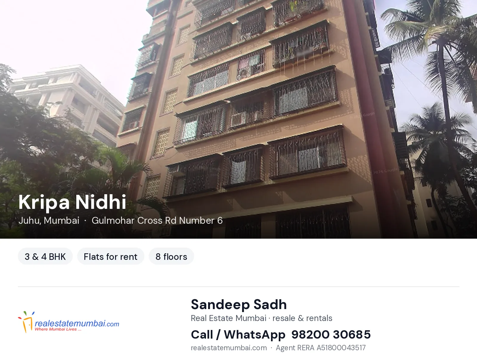 Kripa Nidhi, Juhu, Mumbai — 3 & 4 BHK flats for rent | Real Estate Mumbai, Sandeep Sadh 98200 30685