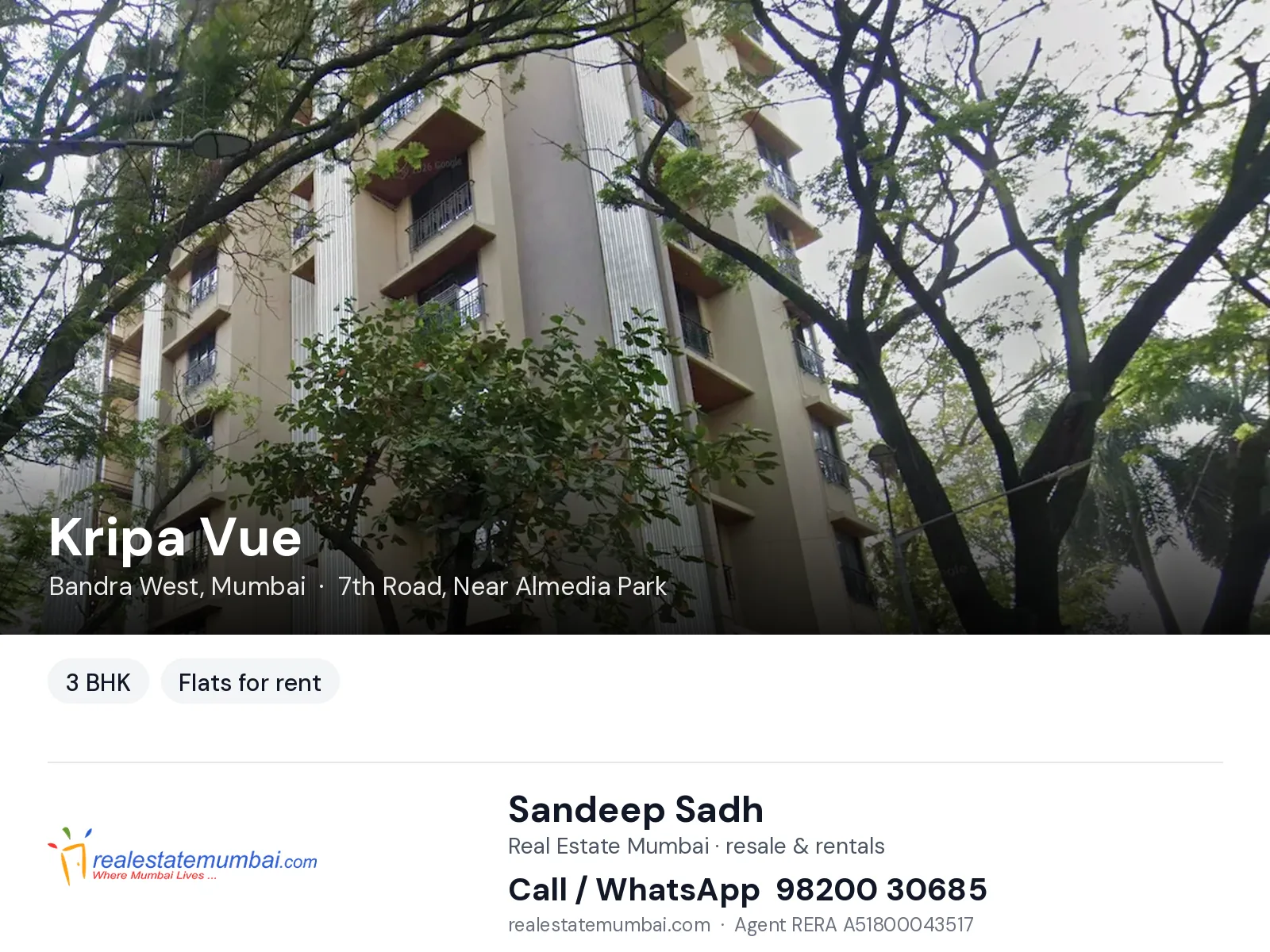 Kripa Vue, Bandra West, Mumbai — 3 BHK flats for rent | Real Estate Mumbai, Sandeep Sadh 98200 30685
