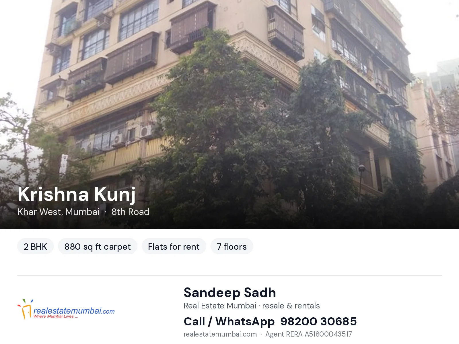 Krishna Kunj, Khar West, Mumbai — 2 BHK flats for rent | Real Estate Mumbai, Sandeep Sadh 98200 30685