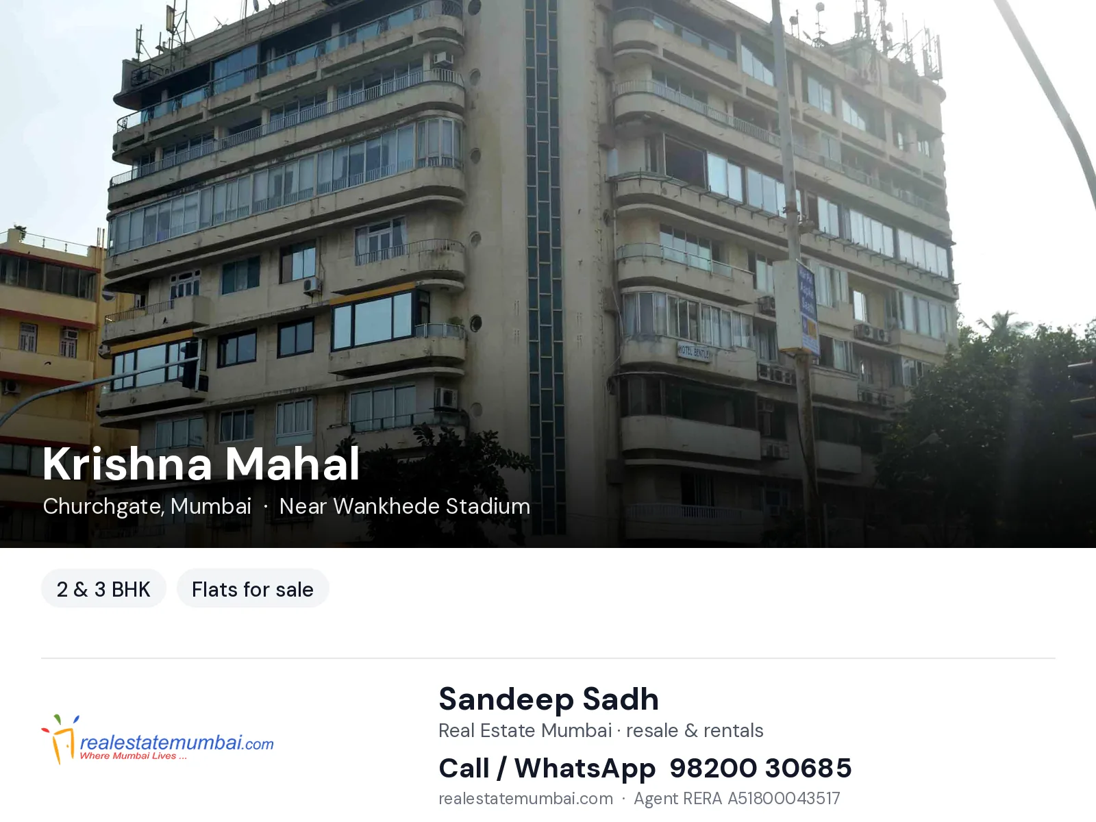 Krishna Mahal, Churchgate, Mumbai — 2 & 3 BHK flats for sale | Real Estate Mumbai, Sandeep Sadh 98200 30685