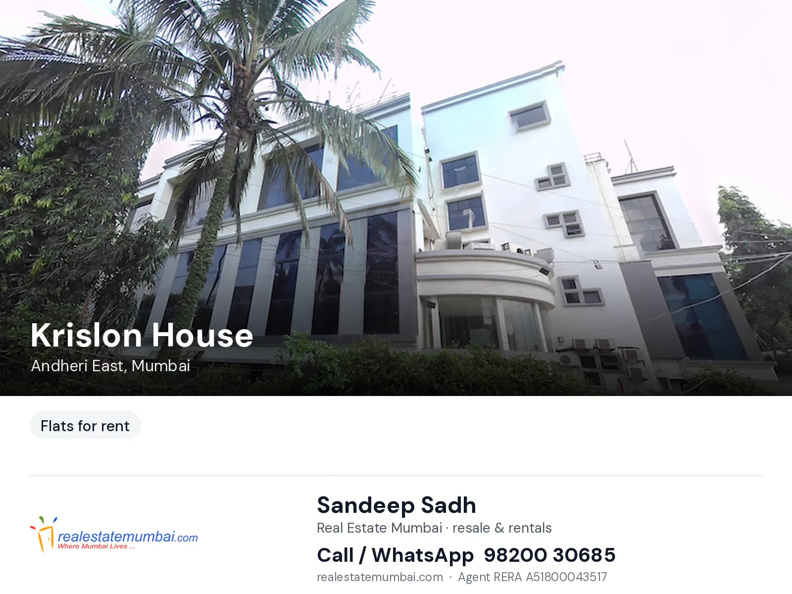 Krislon House, Andheri East, Mumbai — flats for rent | Real Estate Mumbai, Sandeep Sadh 98200 30685