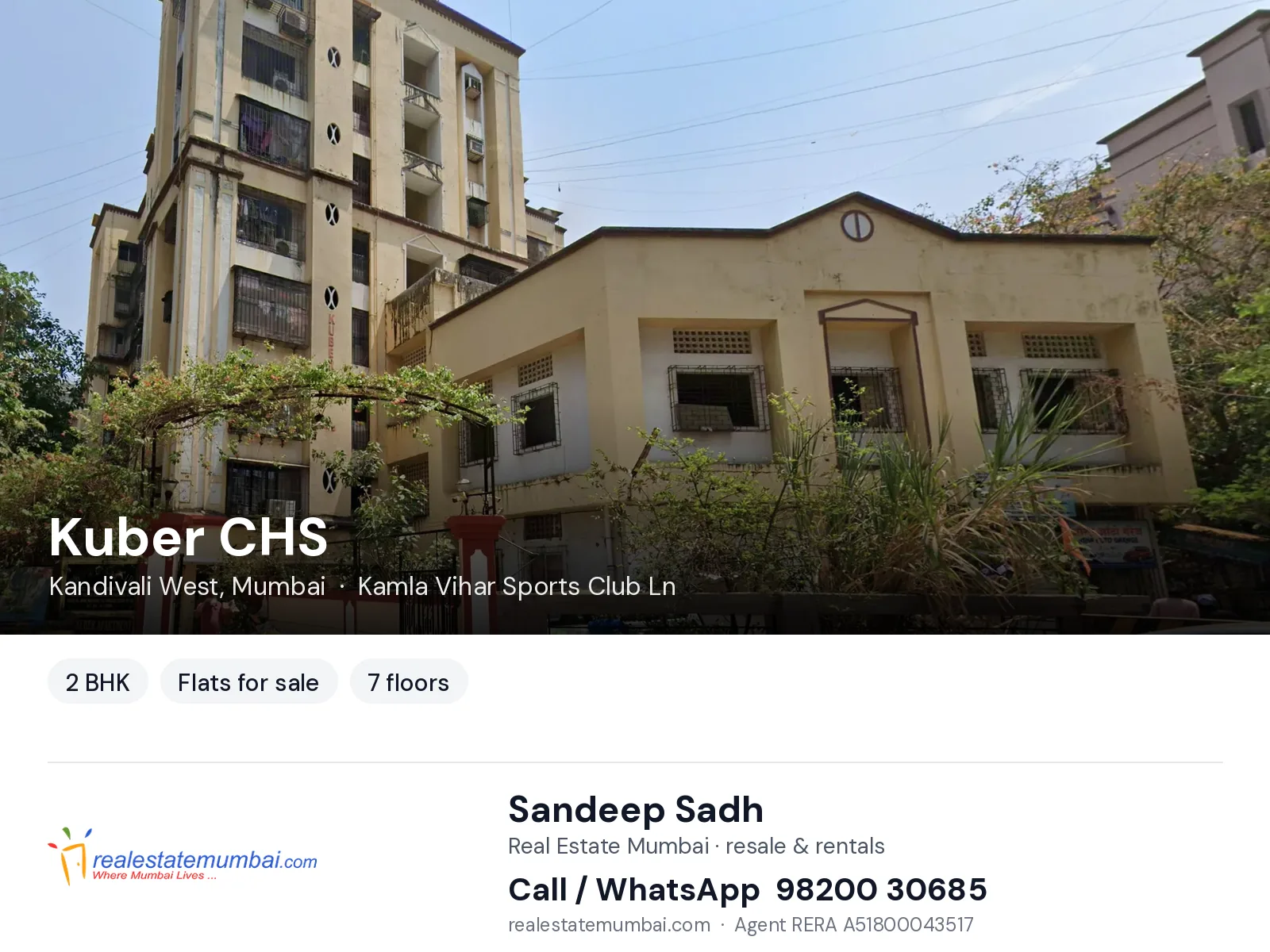 Kuber CHS, Kandivali West, Mumbai — 2 BHK flats for sale | Real Estate Mumbai, Sandeep Sadh 98200 30685