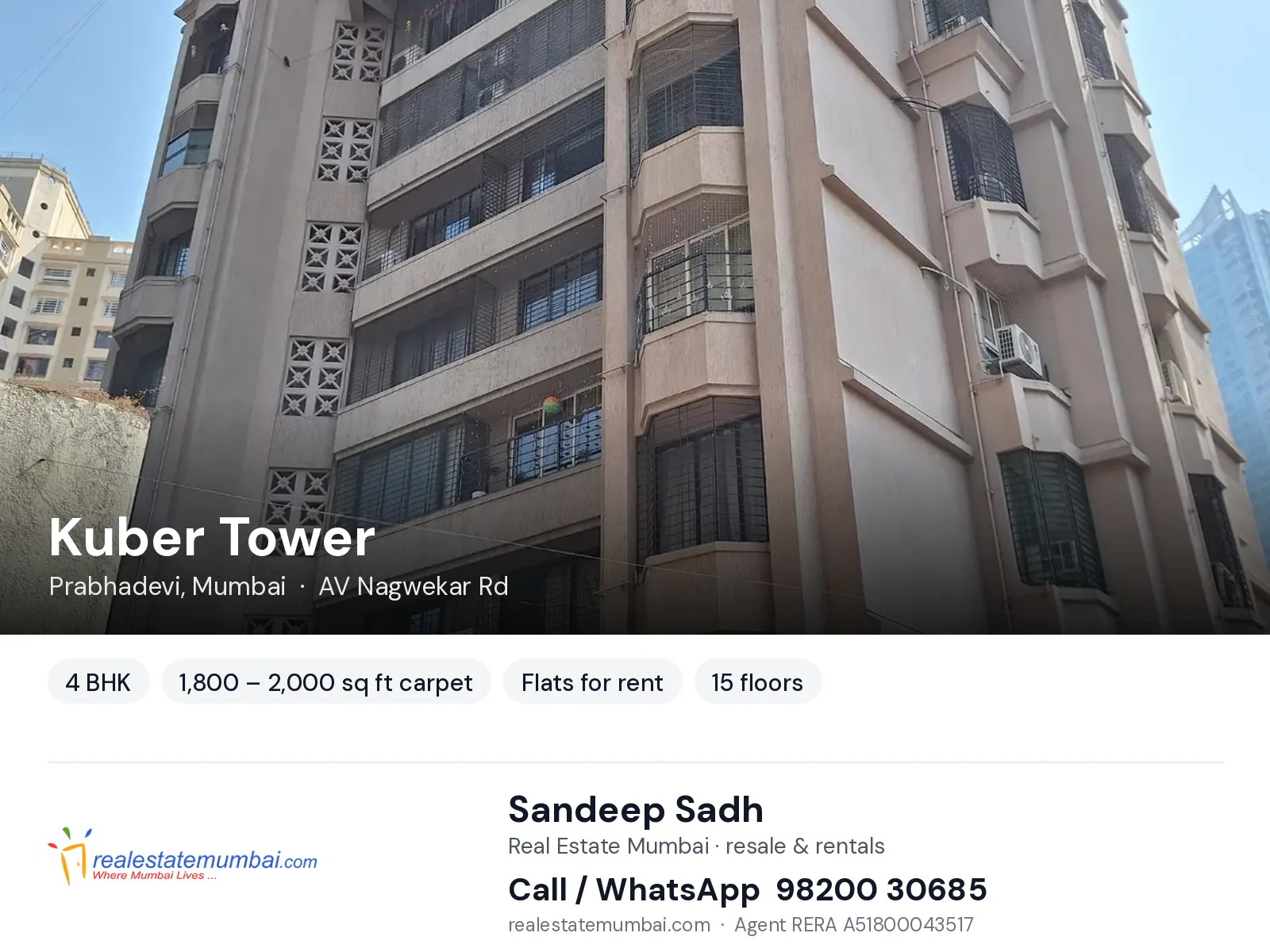 Kuber Tower, Prabhadevi, Mumbai — 4 BHK flats for rent | Real Estate Mumbai, Sandeep Sadh 98200 30685
