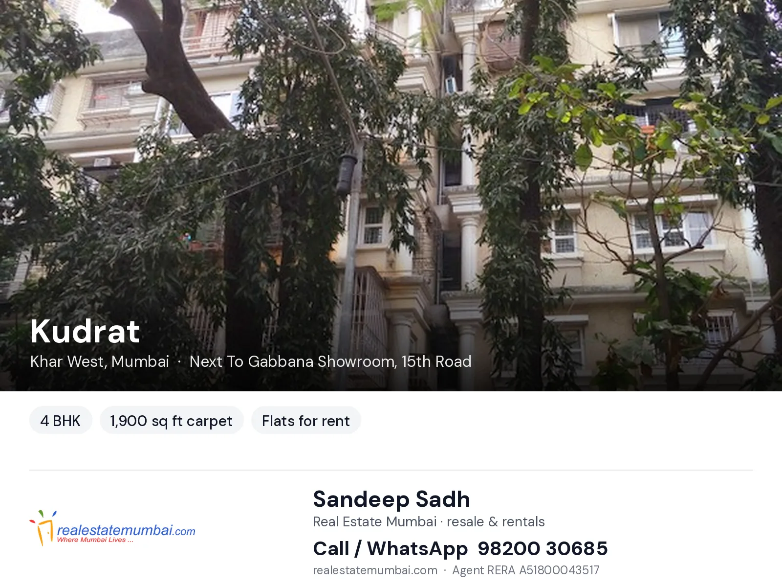 Kudrat, Khar West, Mumbai — 4 BHK flats for rent | Real Estate Mumbai, Sandeep Sadh 98200 30685