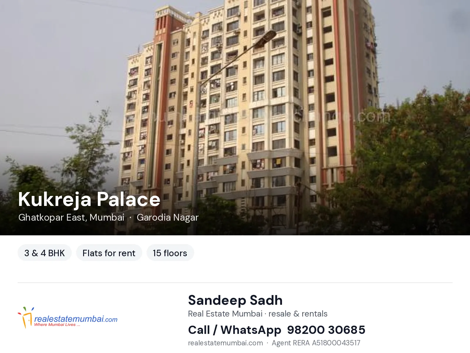 Kukreja Palace, Ghatkopar East, Mumbai — 3 & 4 BHK flats for rent | Real Estate Mumbai, Sandeep Sadh 98200 30685
