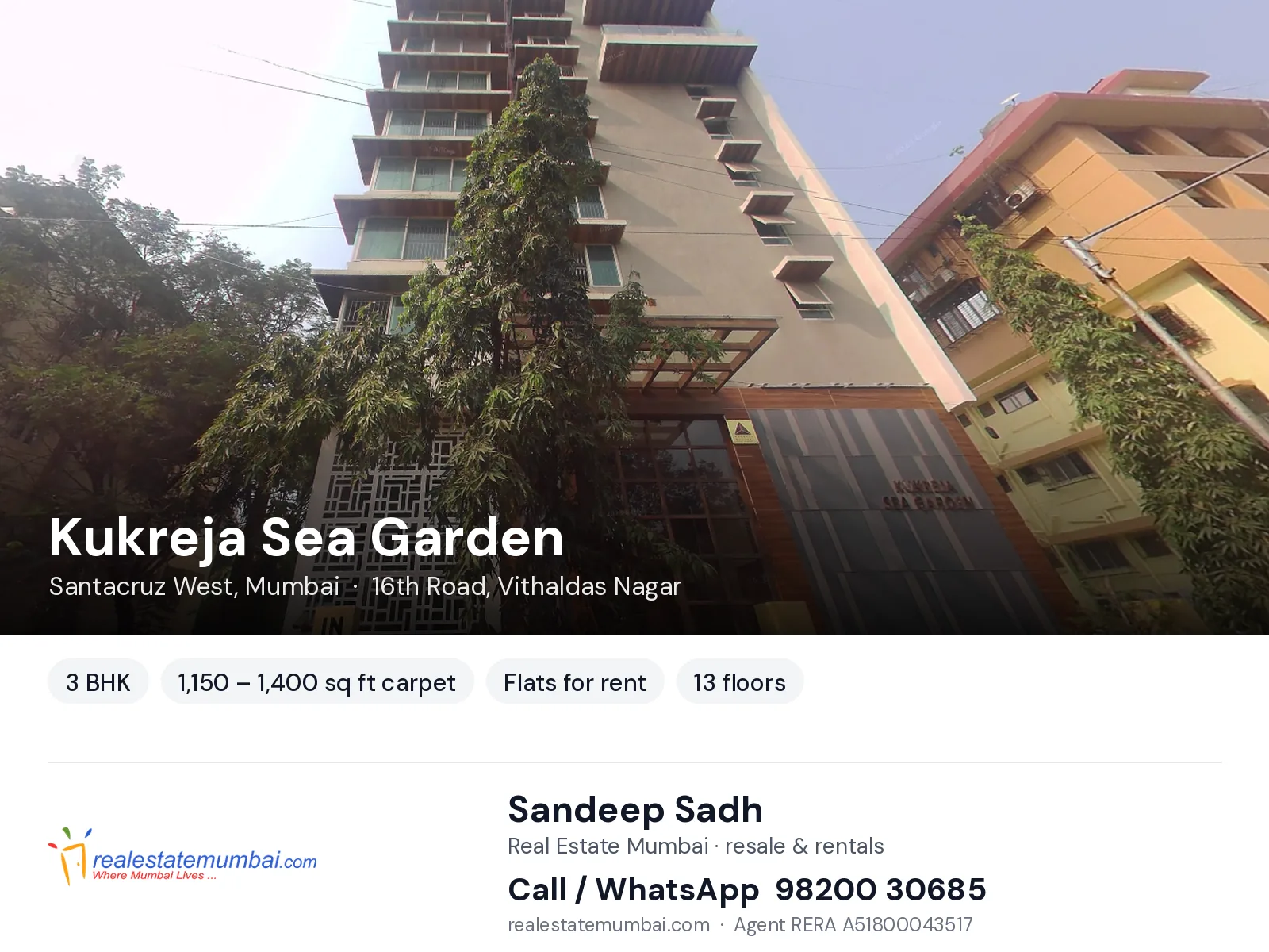 Kukreja Sea Garden, Santacruz West, Mumbai — 3 BHK flats for rent | Real Estate Mumbai, Sandeep Sadh 98200 30685