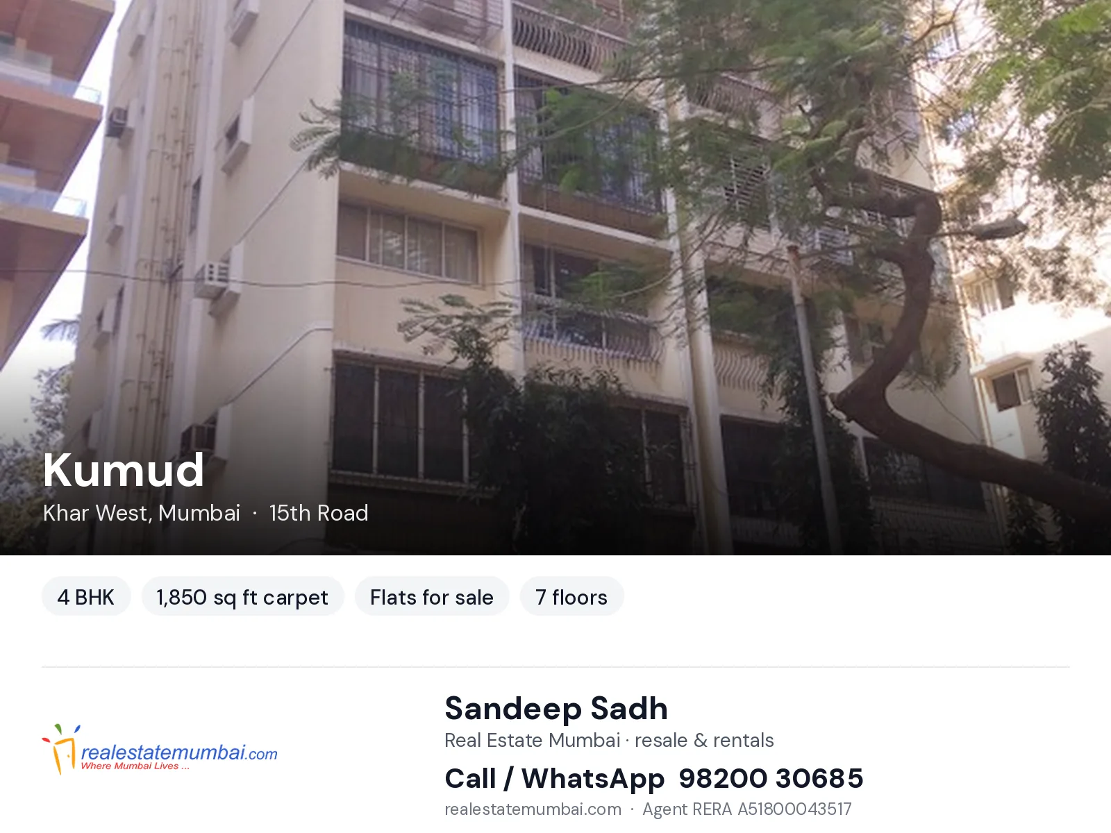 Kumud, Khar West, Mumbai — 4 BHK flats for sale | Real Estate Mumbai, Sandeep Sadh 98200 30685