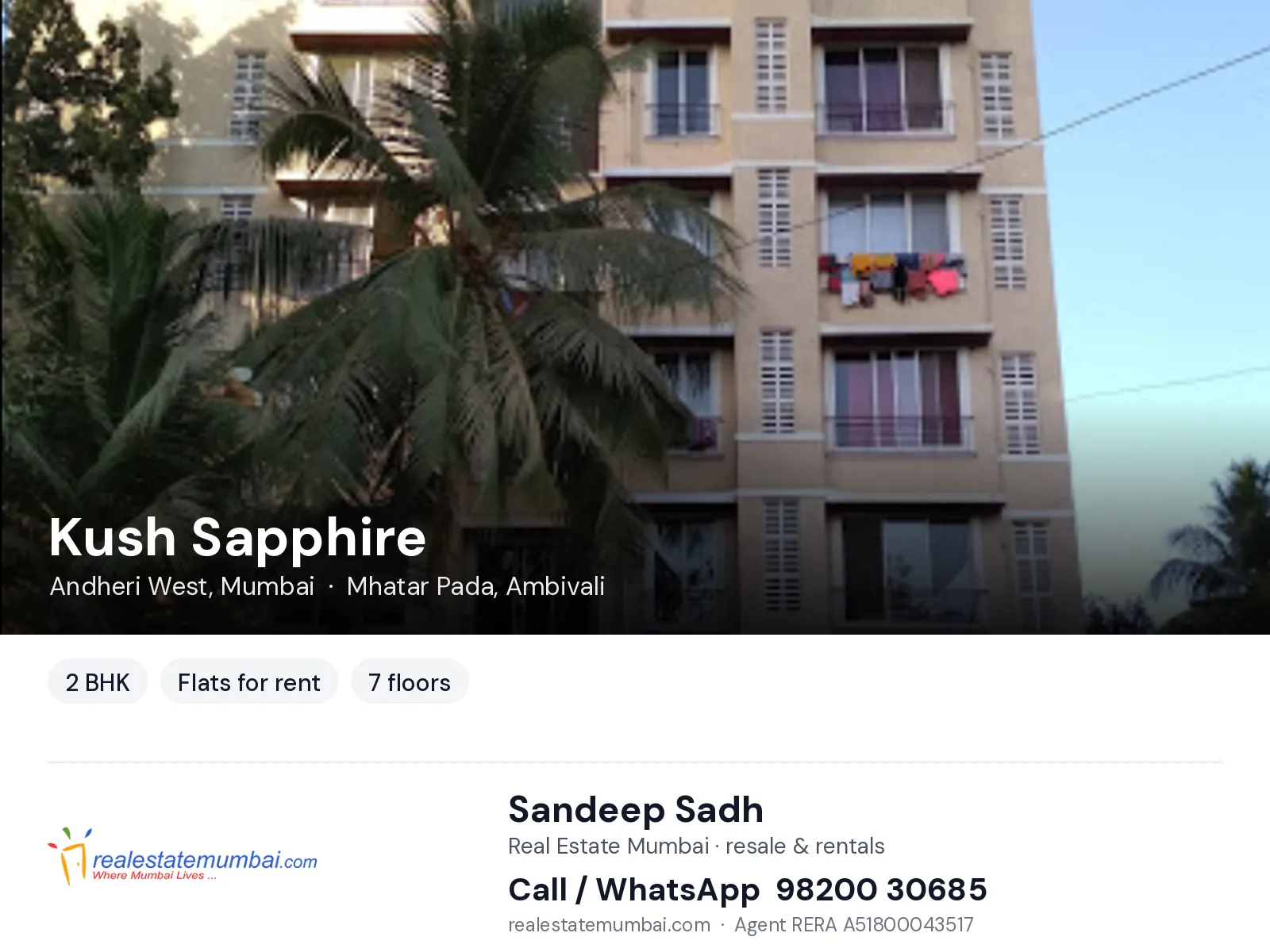 Kush Sapphire, Andheri West, Mumbai — 2 BHK flats for rent | Real Estate Mumbai, Sandeep Sadh 98200 30685