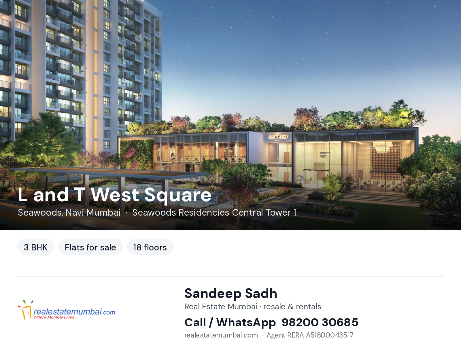 L and T West Square, Seawoods, Navi Mumbai — 3 BHK flats for sale | Real Estate Mumbai, Sandeep Sadh 98200 30685