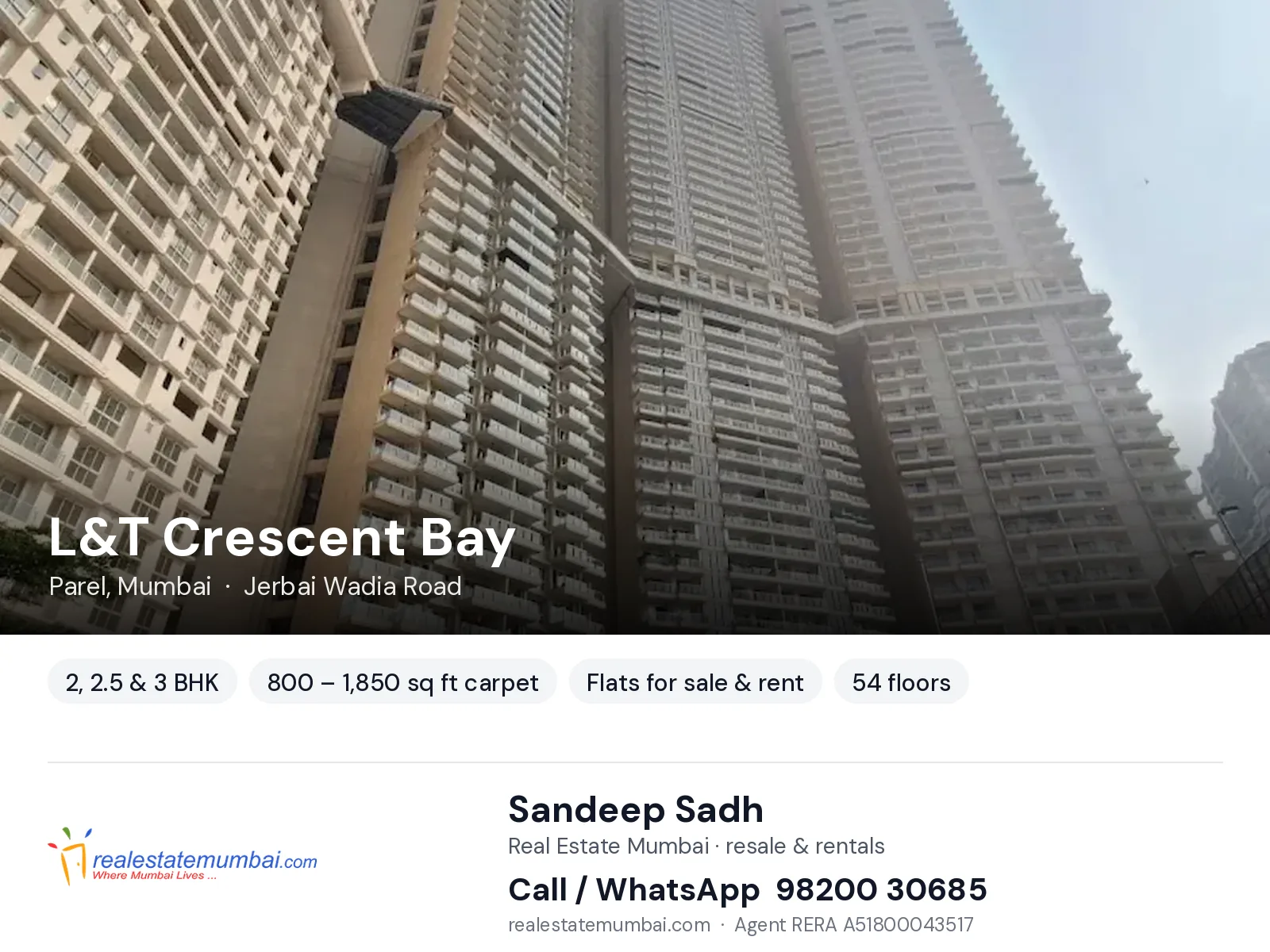 L&T Crescent Bay, Parel, Mumbai — 2, 2.5 & 3 BHK flats for sale & rent | Real Estate Mumbai, Sandeep Sadh 98200 30685