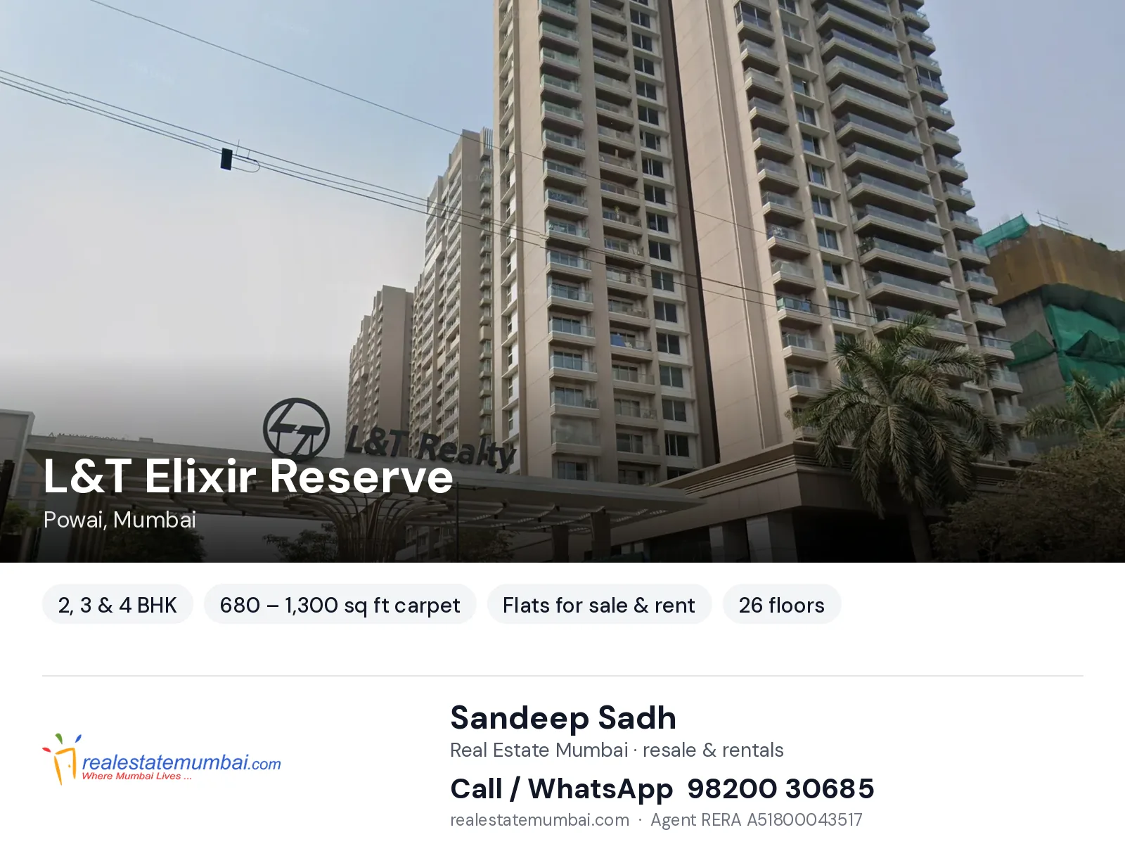 L&T Elixir Reserve, Powai, Mumbai — 2, 3 & 4 BHK flats for sale & rent | Real Estate Mumbai, Sandeep Sadh 98200 30685