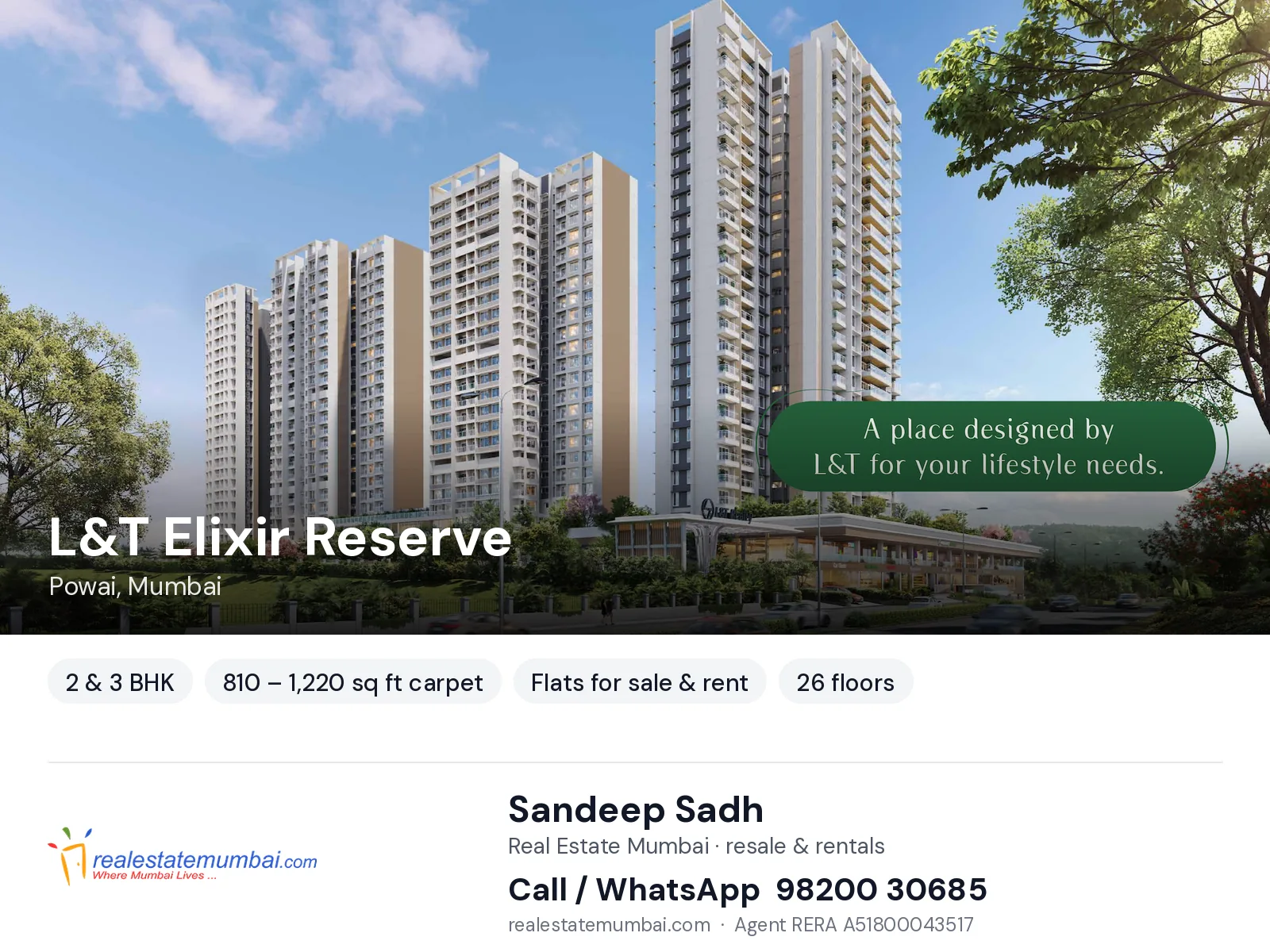 L&T Elixir Reserve, Powai, Mumbai — 2 & 3 BHK flats for sale & rent | Real Estate Mumbai, Sandeep Sadh 98200 30685