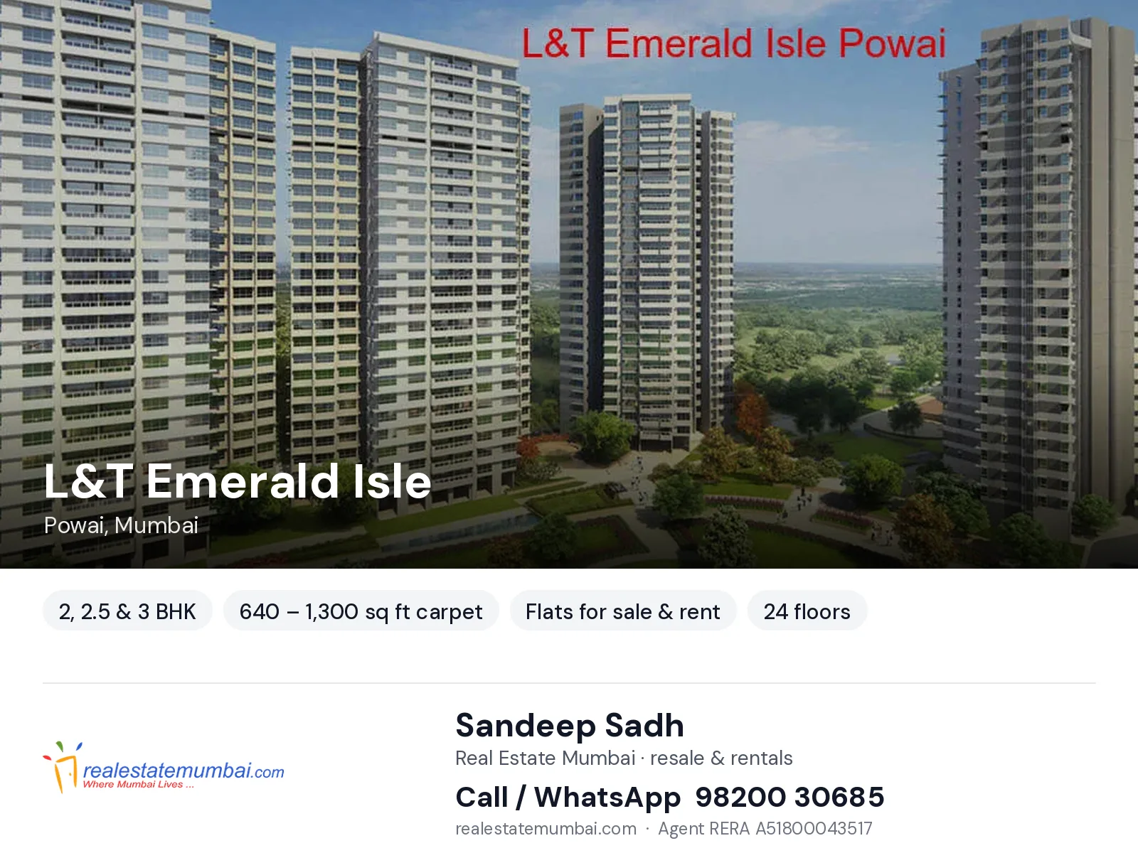 L&T Emerald Isle, Powai, Mumbai — 2, 2.5 & 3 BHK flats for sale & rent | Real Estate Mumbai, Sandeep Sadh 98200 30685