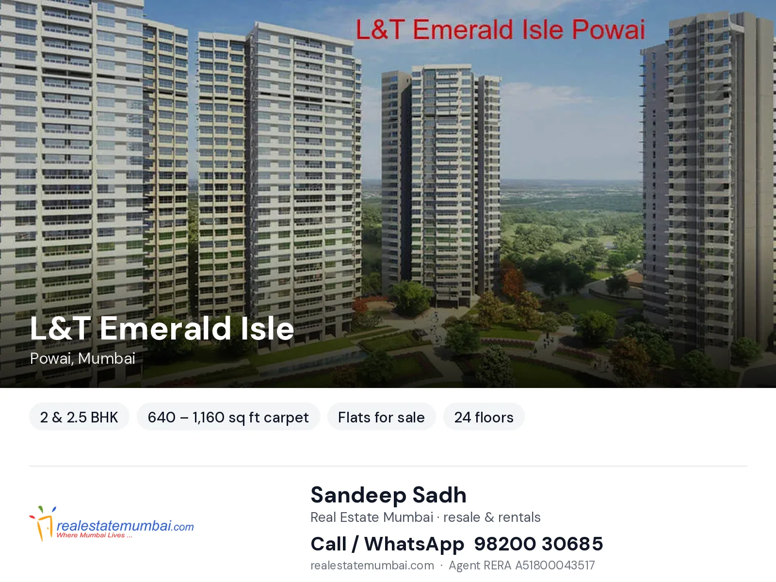 L&T Emerald Isle, Powai, Mumbai — 2 & 2.5 BHK flats for sale | Real Estate Mumbai, Sandeep Sadh 98200 30685
